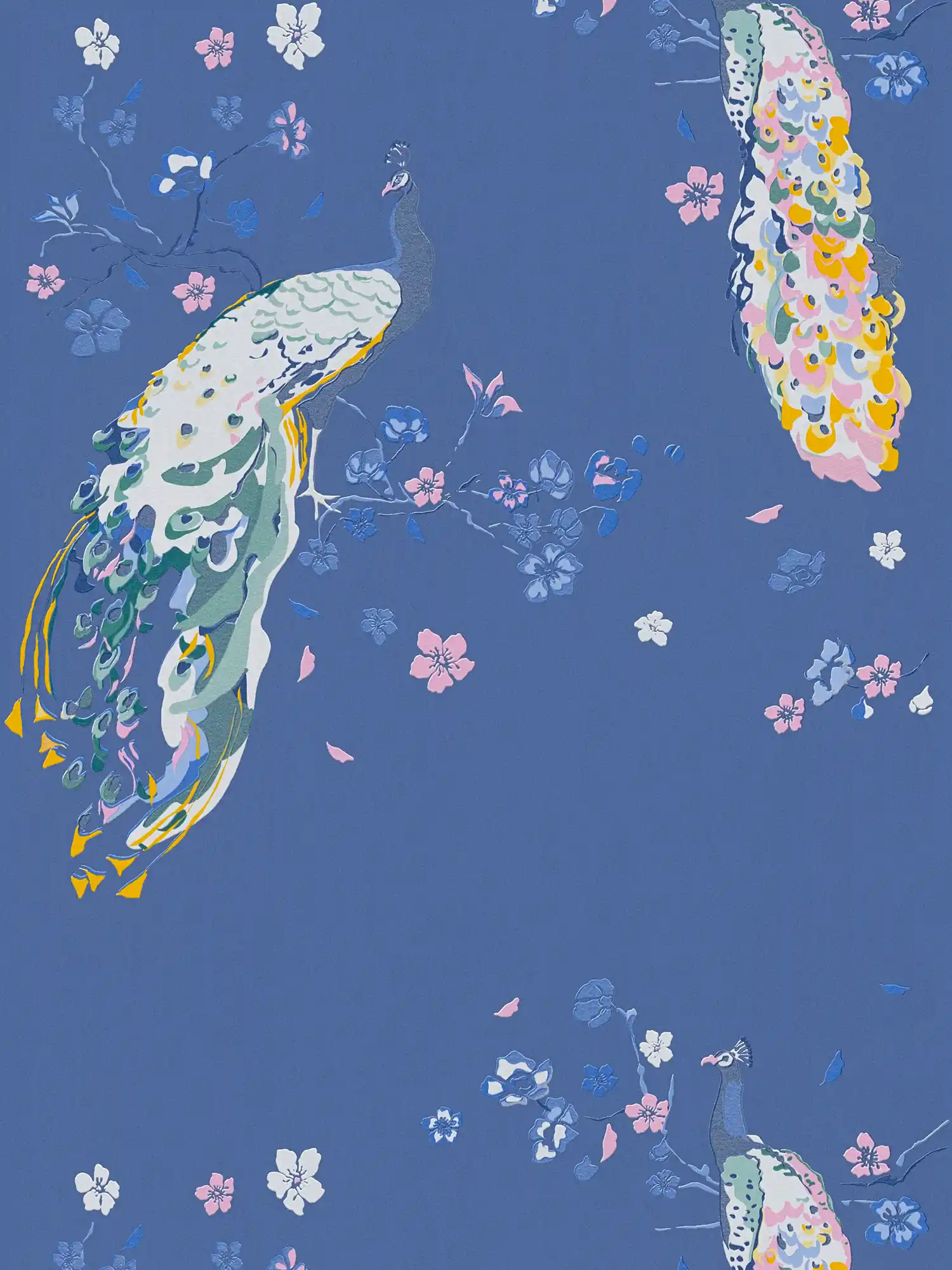         Non-woven wallpaper with peacock pattern and glossy effect - blue, pink, colourful
    