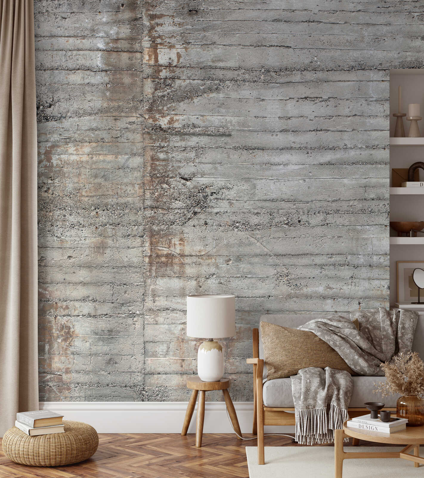 Betonwand, Lampe, Sofa, Holzmöbel, WohnDekor