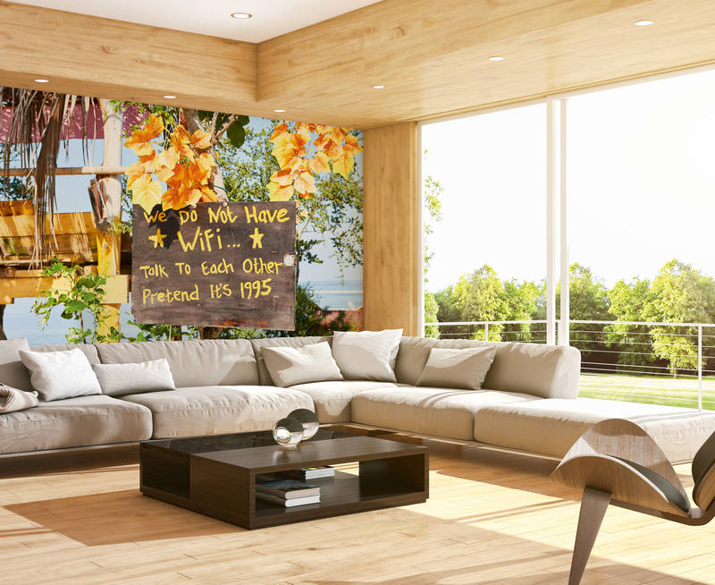             Bali Fototapete – Sommerliches Tropenmotiv mit Blüten und Hütte – Gelb, Grün
        