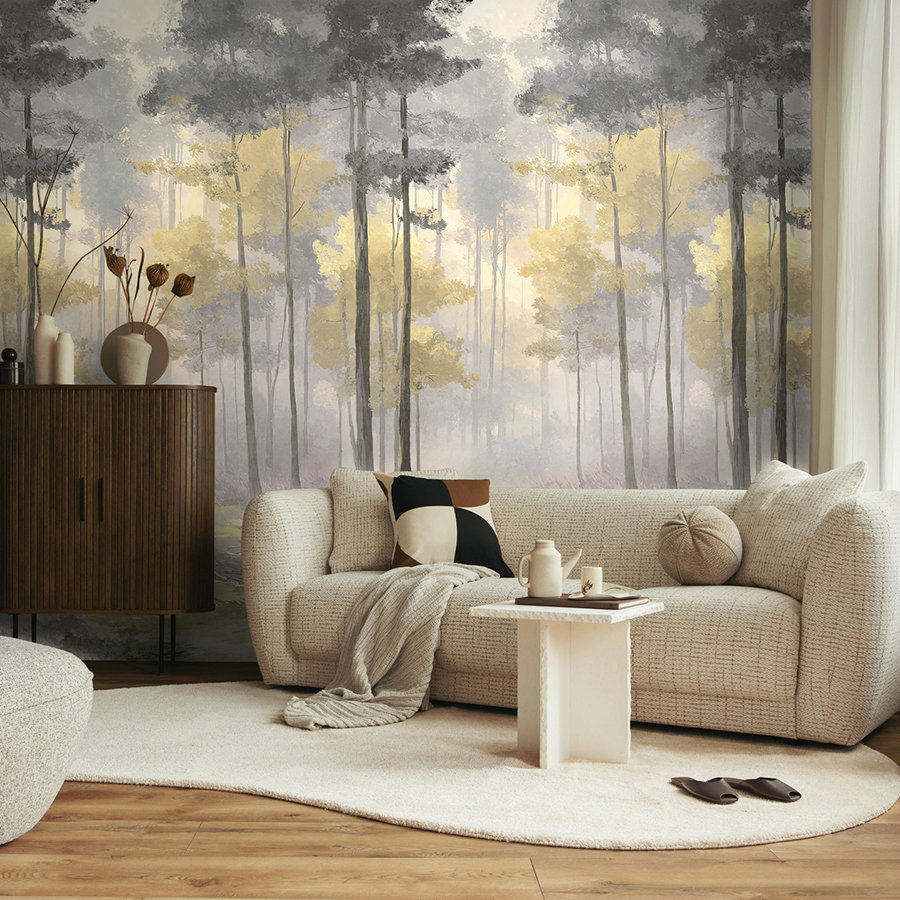 Waldtapete, Wandbild, Wohnzimmerdeko, Beige Sofa, Holzboden