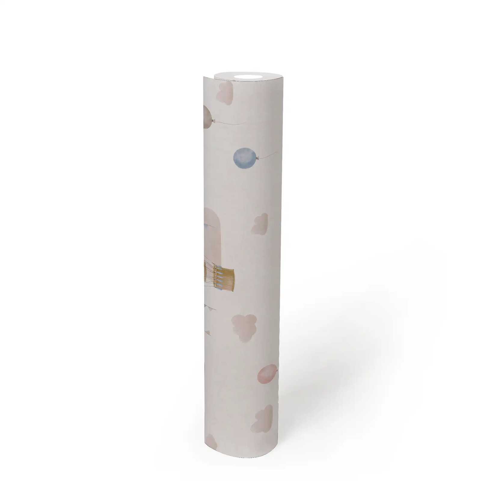             Kinderzimmer Vliestapete mit Heißluftballons und Wolken – Verspieltes Design für kleine Entdecker – Blau, Creme, Rosa
        