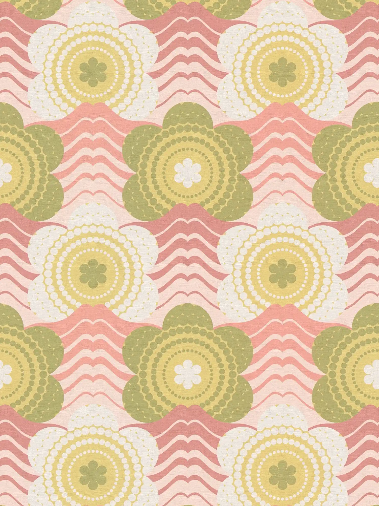             Wellen und Blumen Muster im Retro Stil auf leicht strukturierter Tapete – Rosa, Grün, Creme
        