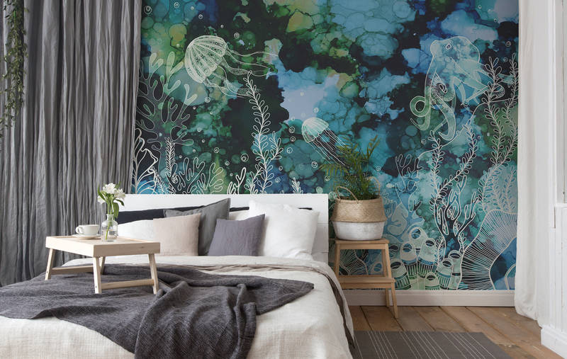 bettzimmer, wandtapete, meeresthema, tropisches muster, dekoration