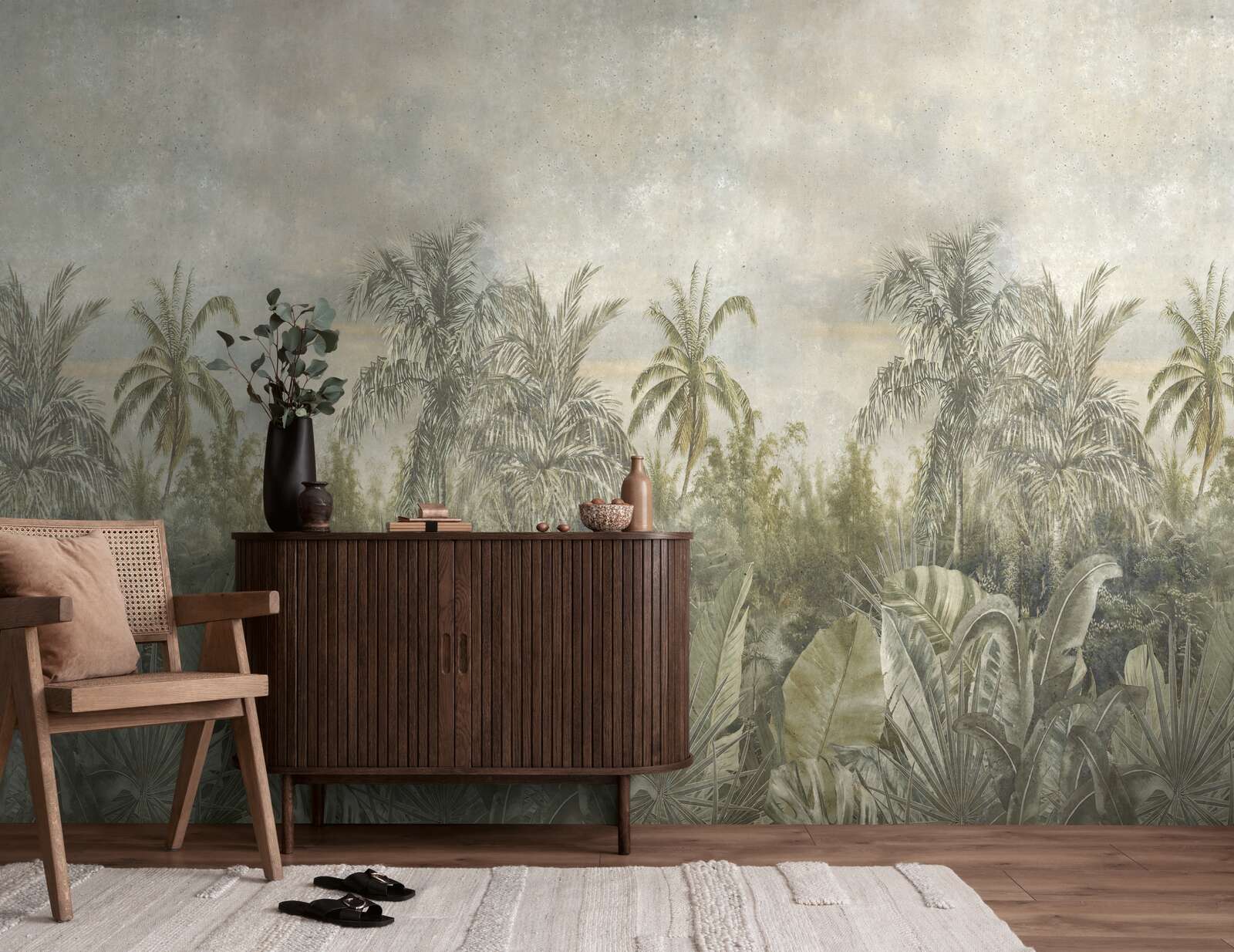 Trommel, Holzsideboard, Pflanzenmuster, Wandtattoo, Hauptfarbe grün