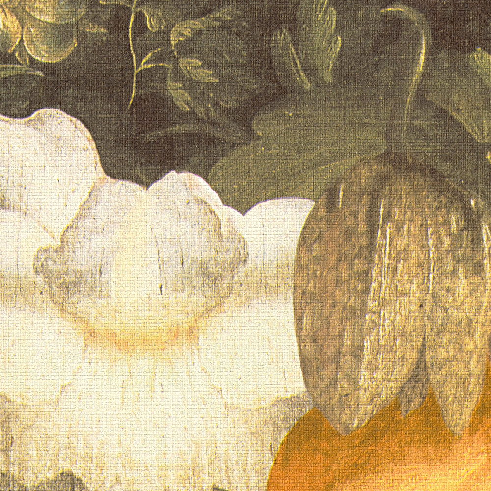             Papier peint fleuri style tableau, aspect canevas - vert, jaune, crème
        