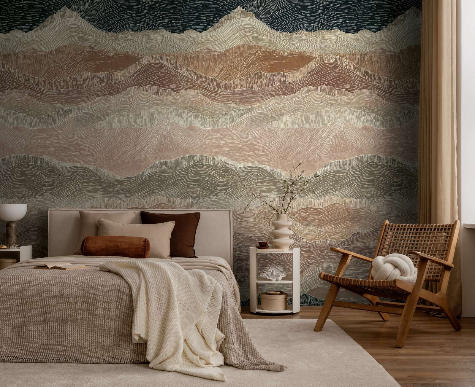 bettzimmer, wandtapete, mountain pattern, betten, wohndeko