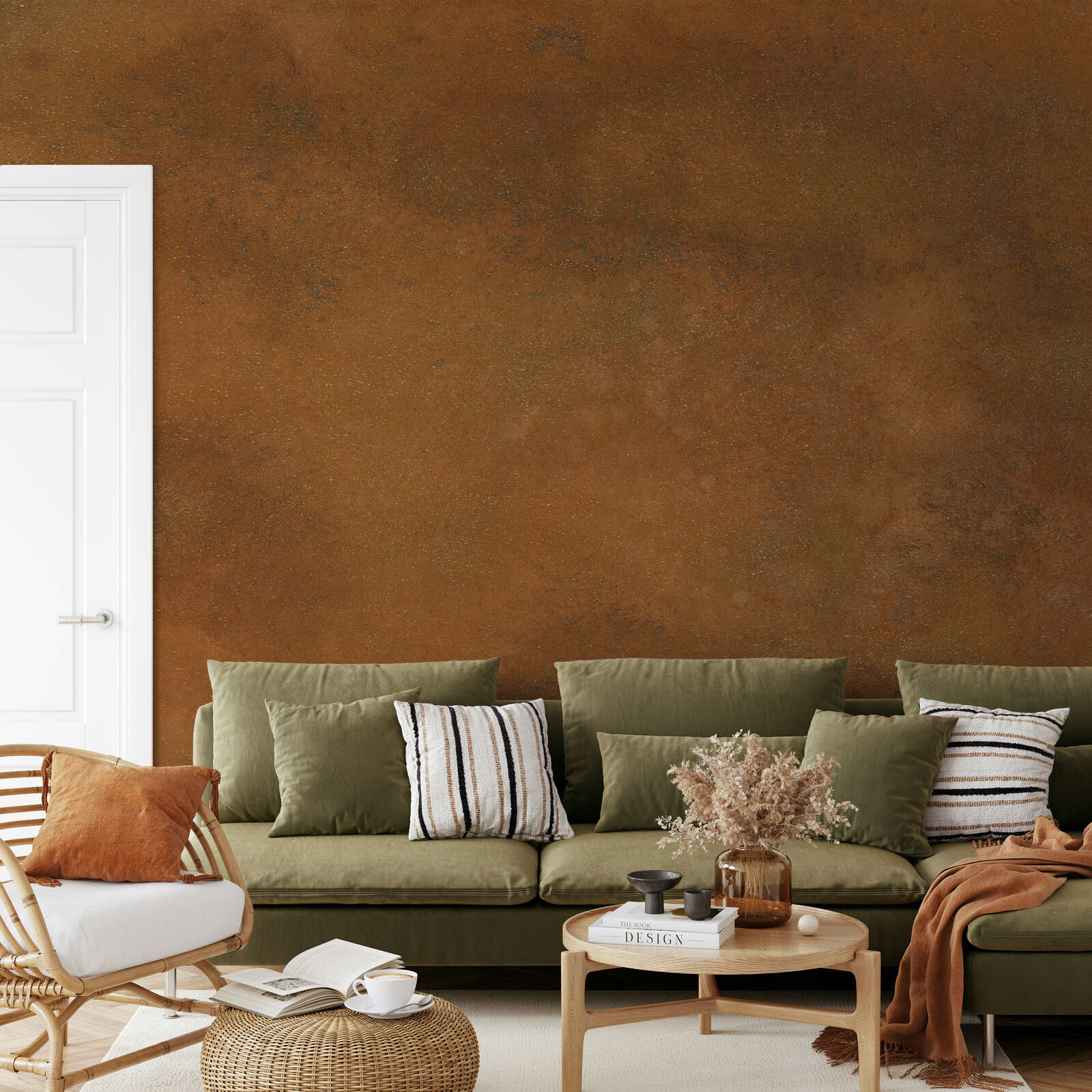 sofa, kissen, couchtisch, rostrote wand, deko