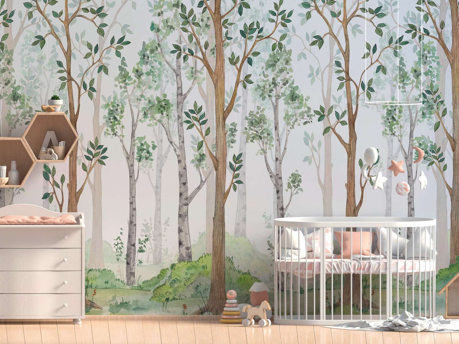 Wandtattoo Wald, Waldmuster, Baumstämme, Babykorb, KinderzimmerDekor