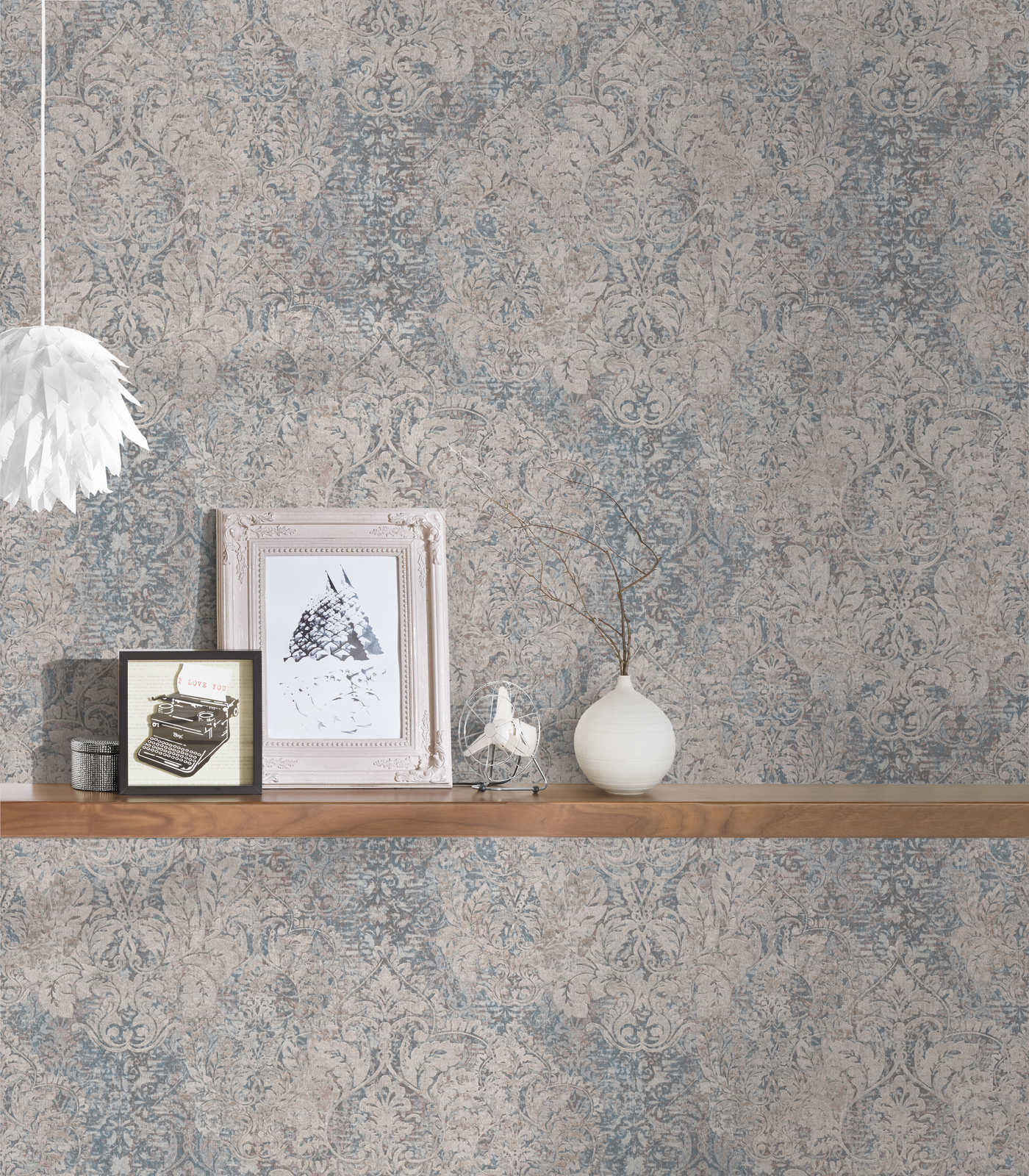 Ornament Tapete Used im floralen Vintage Stil – Beige, Blau