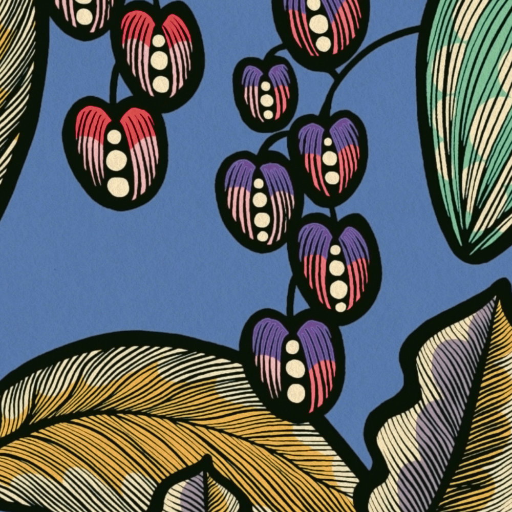 Florale Tapete Blau mit Blätter Design im Scandinavian Look