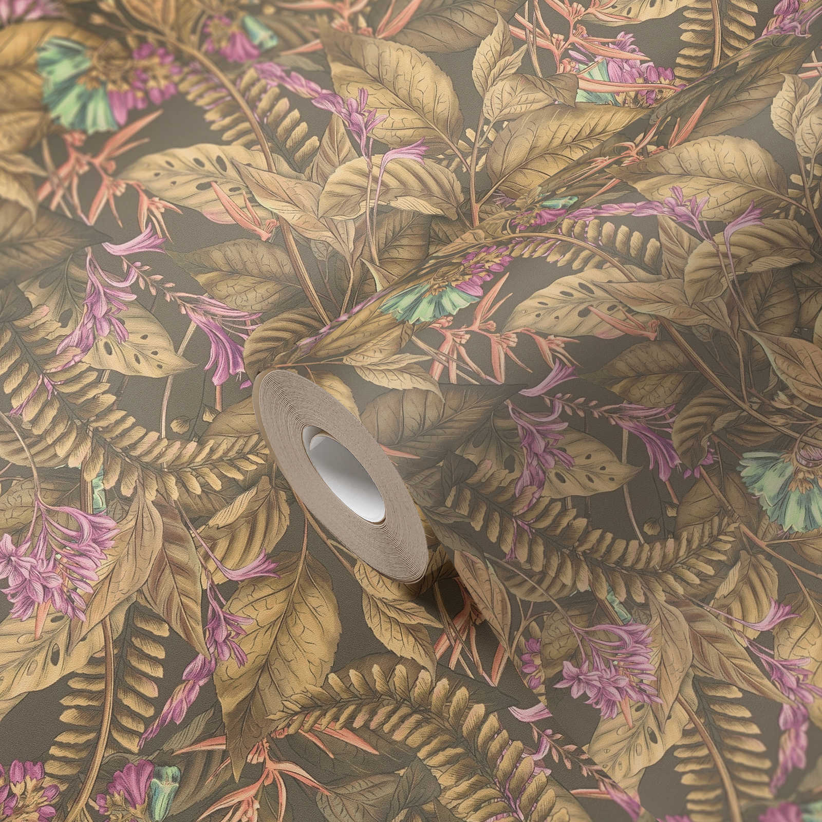             Florale Tapete mit Blüten & Blättern strukturiert matt – Braun, Beige, Lila
        