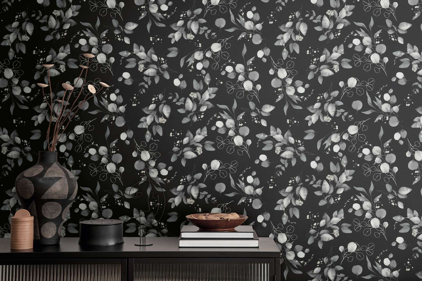             Glittering non-woven wallpaper with floral and tendril pattern - black, grey, silver
        