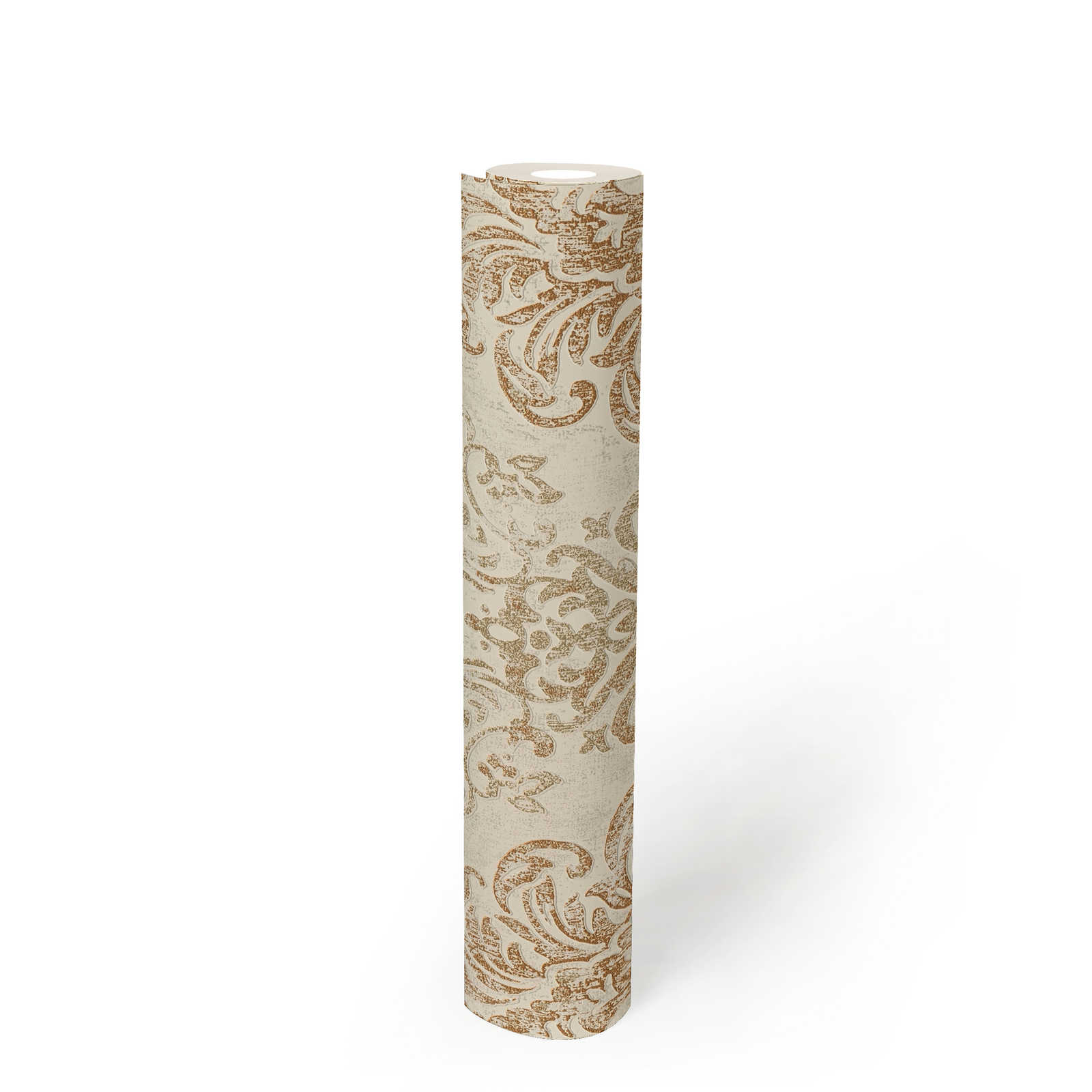             Barock Vliestapete mit Ornament und glänzender Metallic-Optik – Weiß, Gold, Silber
        