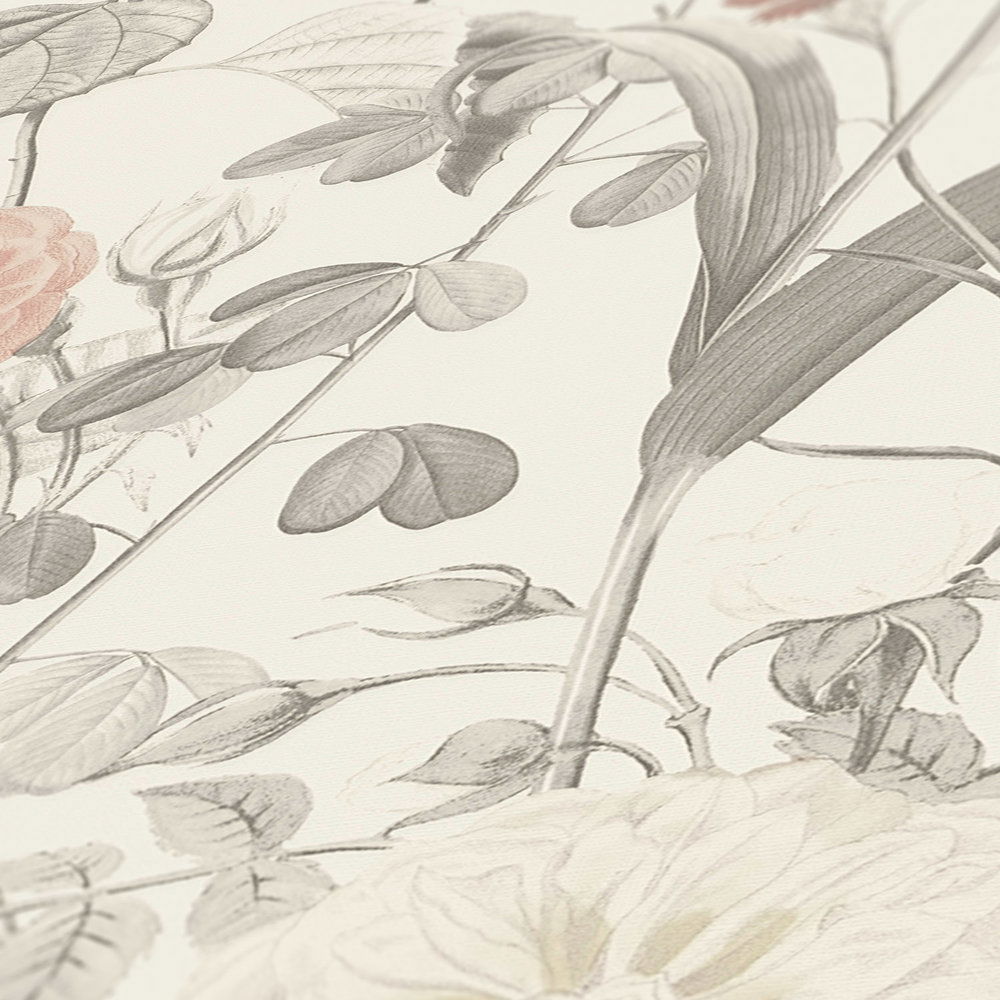             Tapete exotische Blüten & Vogel-Motiv – Grau, Rosa, Orange
        