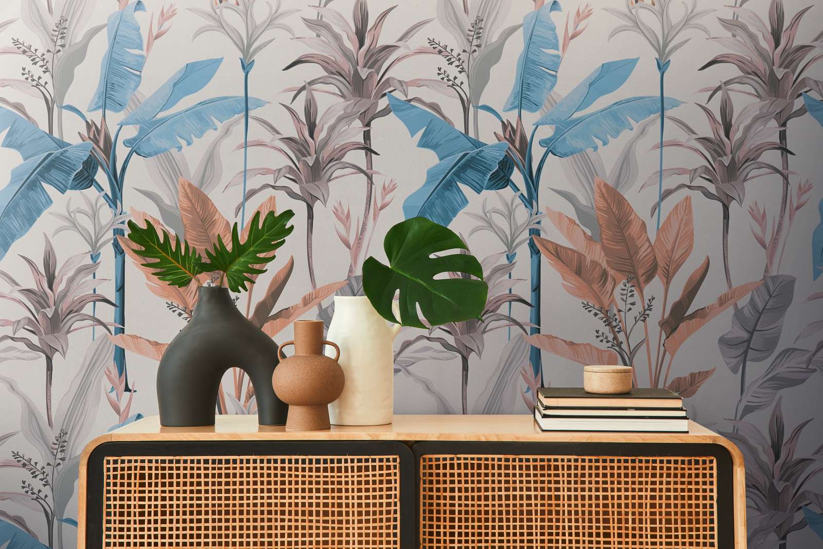             Detaillierte florale Vliestapete mit Blätter Muster - Blau, Grau, Creme
        