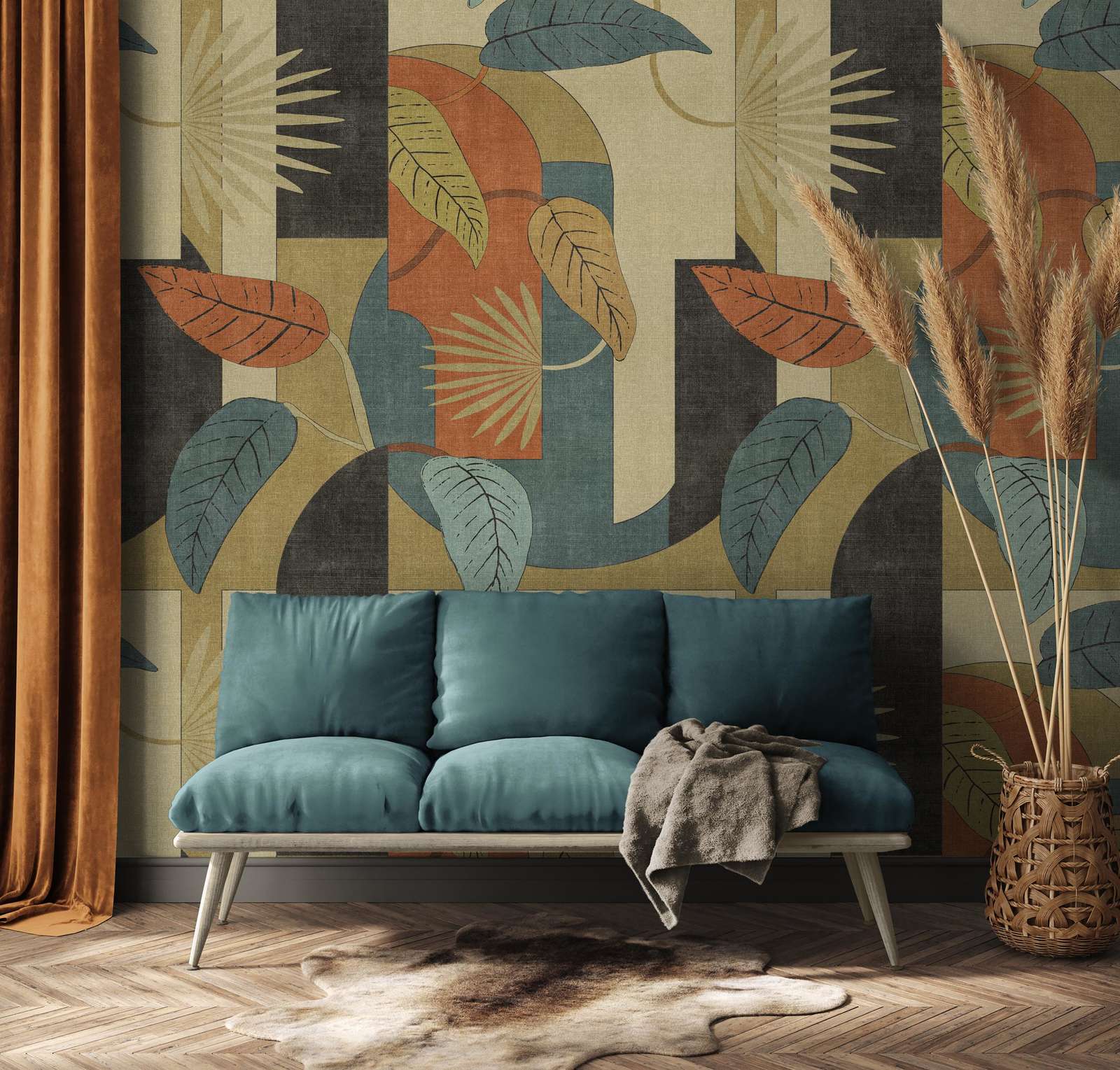             Abstrakte Vliestapete mit Blättern und grafischen Mustern – Beige, Blau, Rot
        