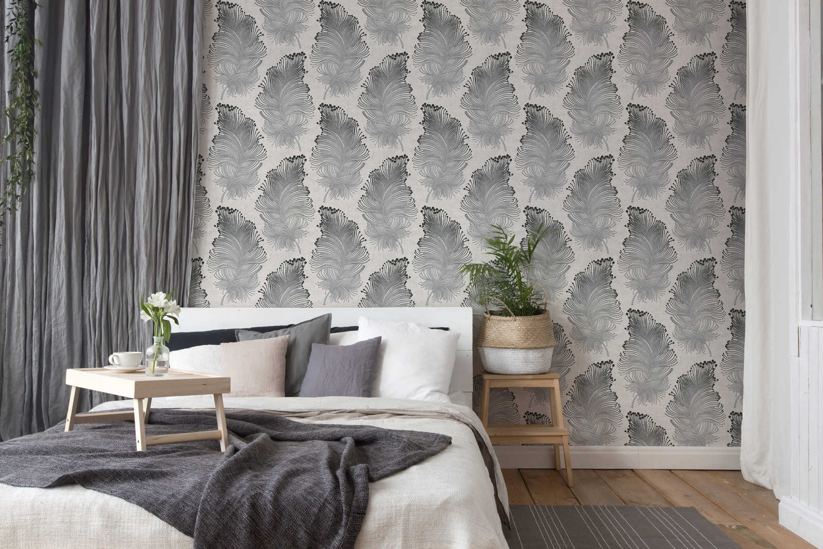 Metallic Tapete mit Feder Motiv im Boho Stil – Metallic, Weiß