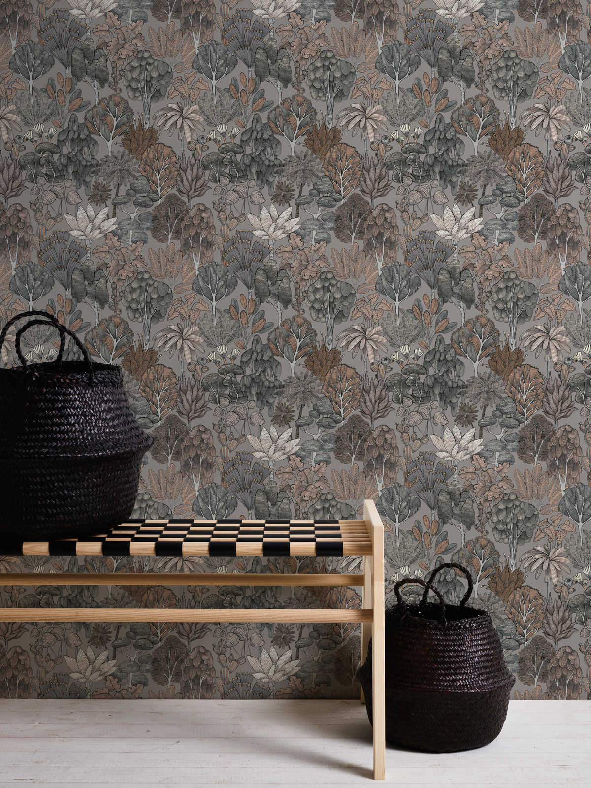             Tapete Grau Beige mit floralem Muster im Doodle Look – Grau, Beige, Orange
        