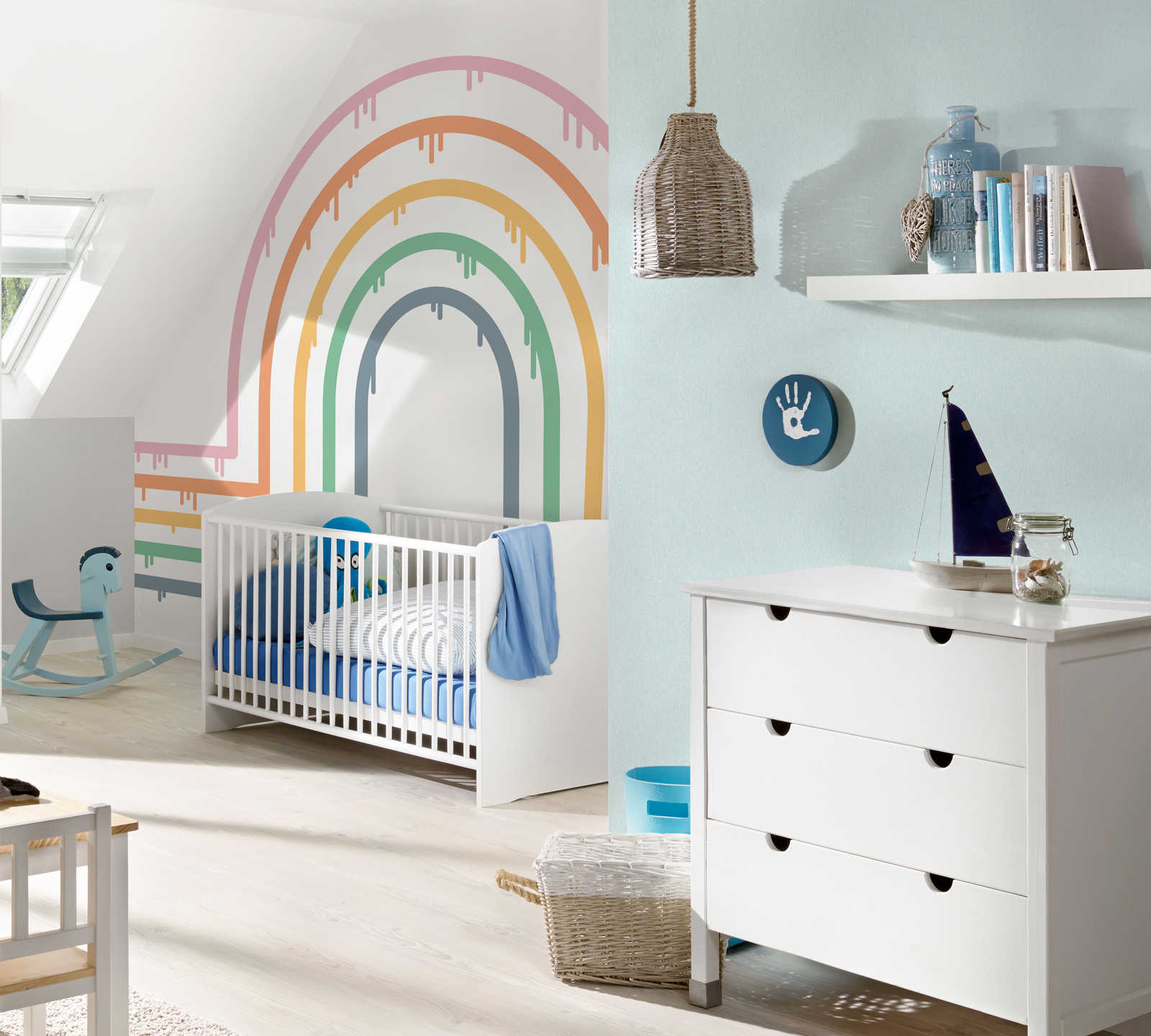             Muurschildering Rainbow Paradise in pastelkleuren
        