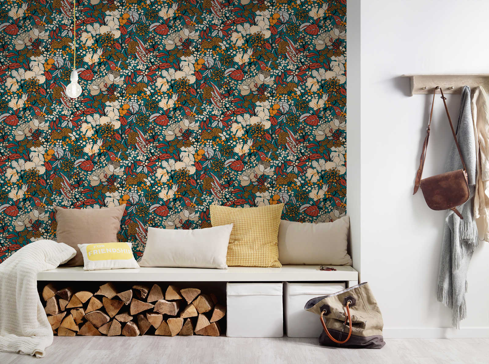             Blumen Tapete Petrol im 70er Retro Design – Bunt, Gelb, Blau
        