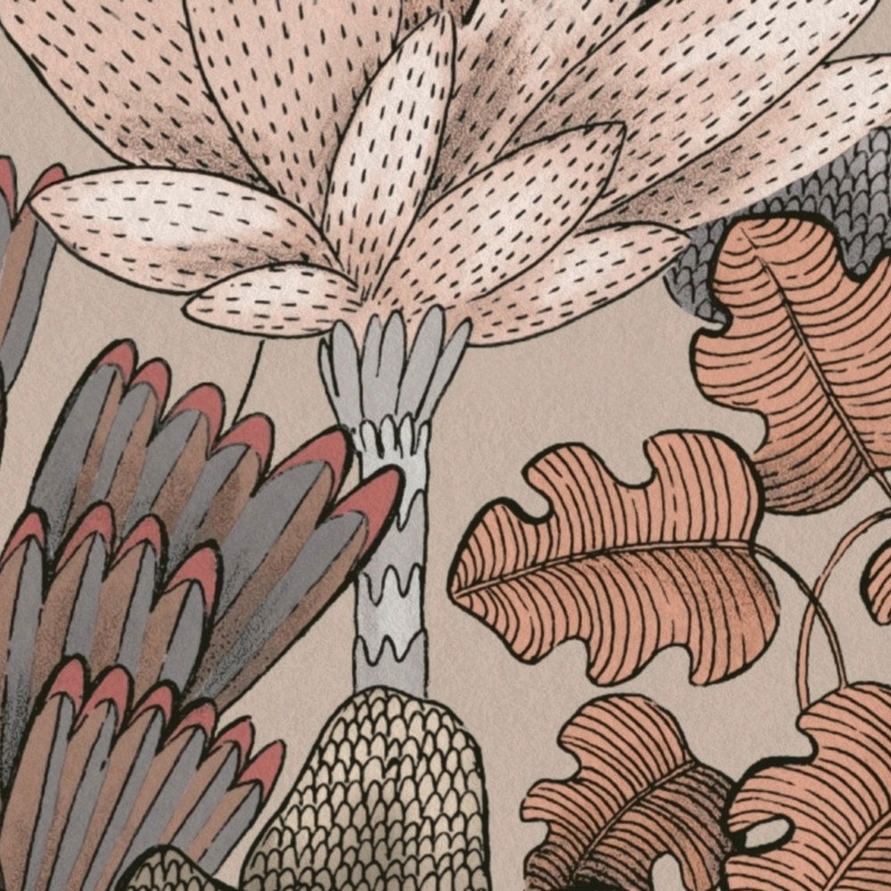             Tapete Braun Beige mit floralem Muster im Doodle Look – Beige, Rot, Orange
        