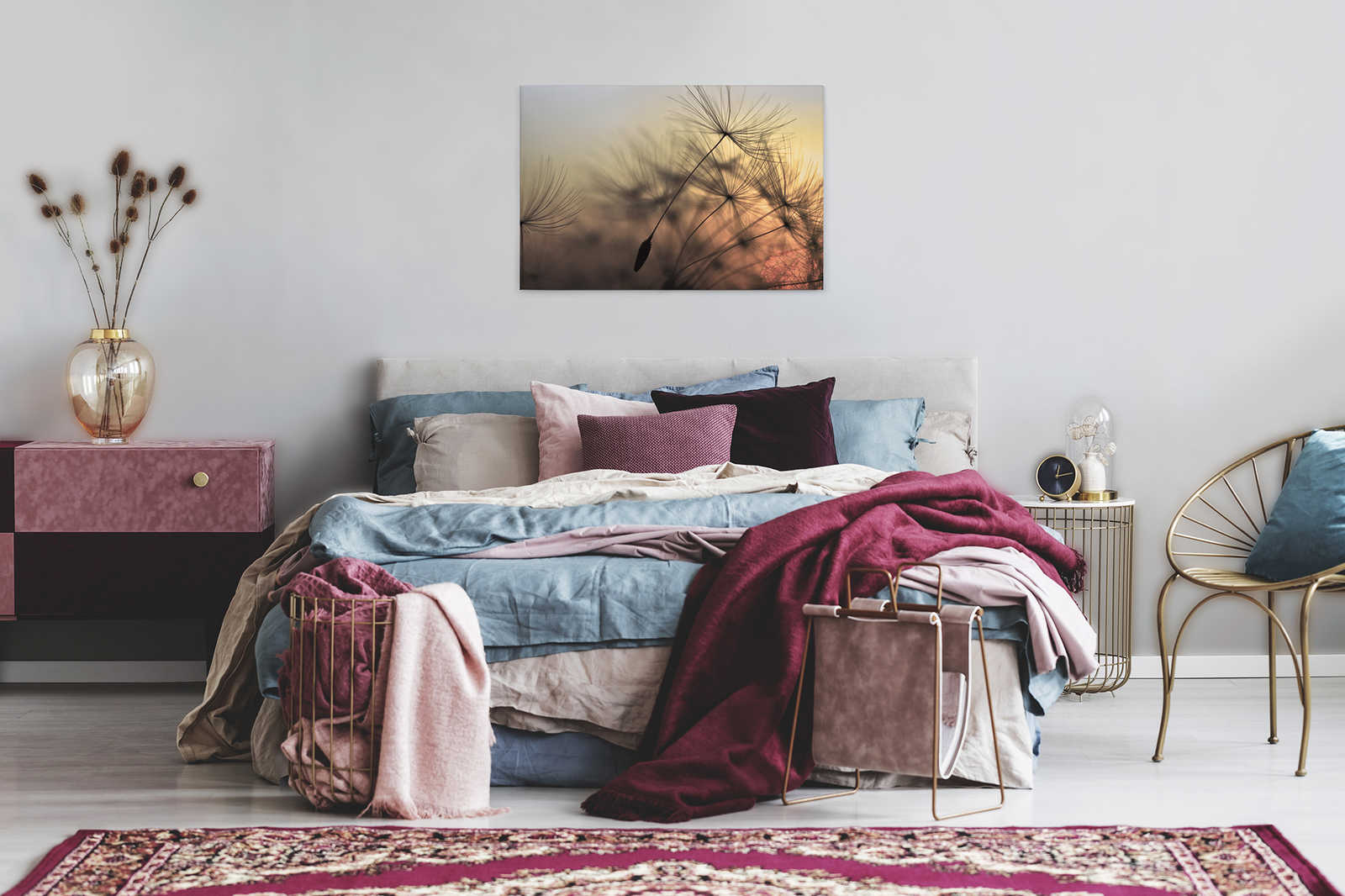             Leinwand mit fliegender Pusteblume im Sonnenuntergang – 0,90 m x 0,60 m
        