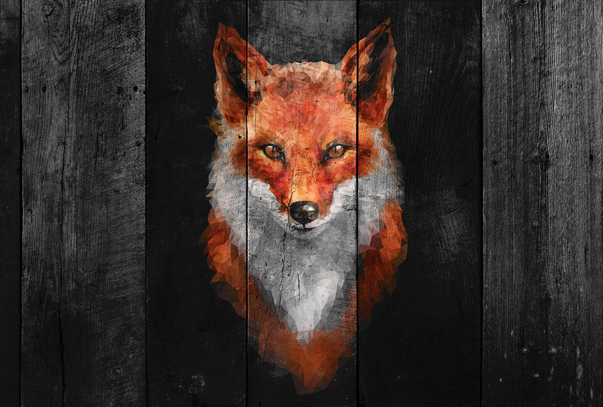             Papier peint panoramique imitation bois avec design renard - orange, blanc, gris
        