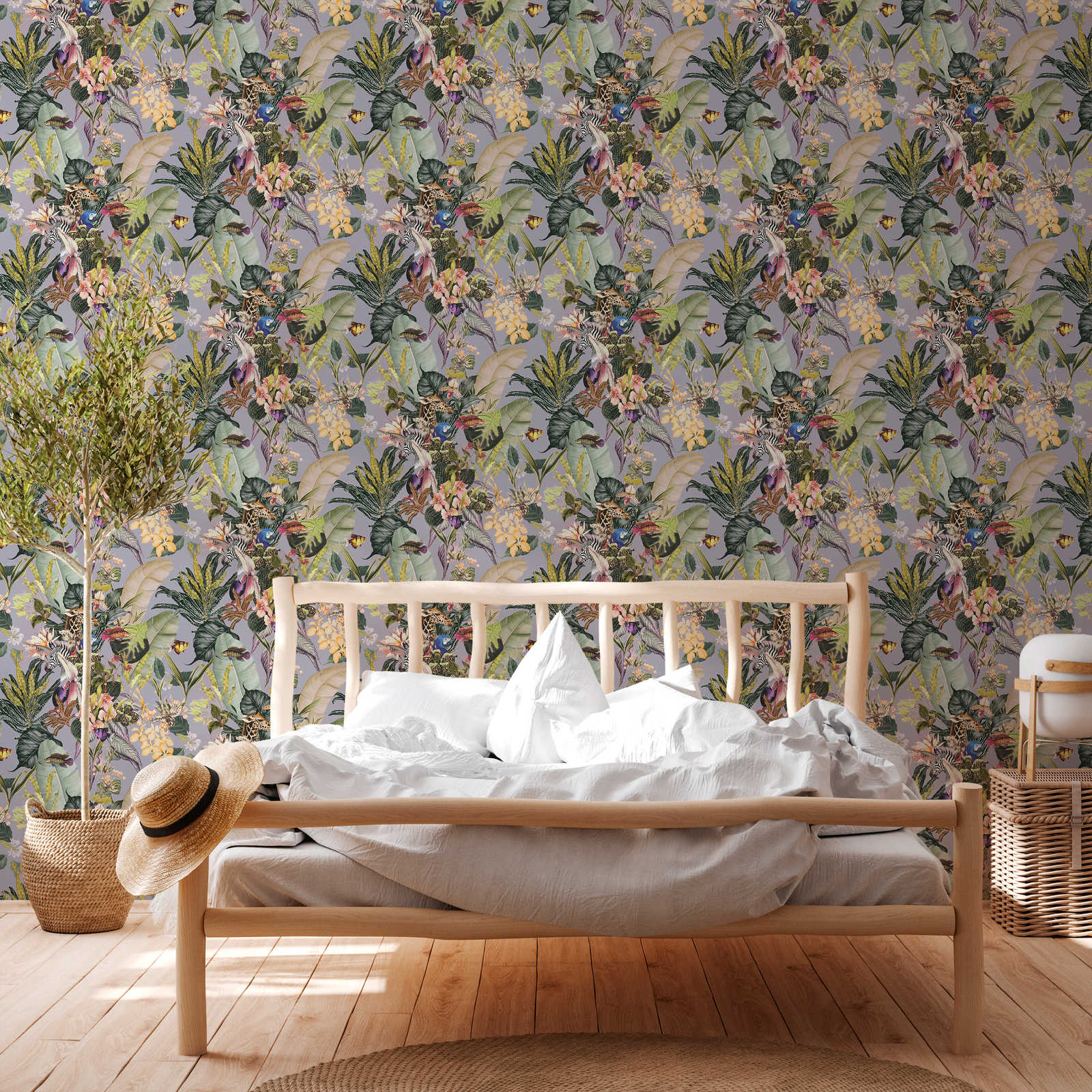 Natur Tapete mit Blumen &amp; Tieren – Grau, Grün