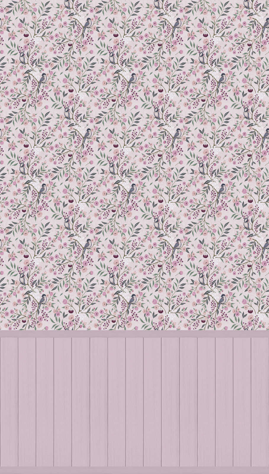             Vogelparadies Vliestapeten Panel 159cm Breite x 280cm Höhe – Romantisches Design mit Vögeln und Blüten in sanften Farben, glatte Oberfläche – Bunt, Grün, Rosa
        