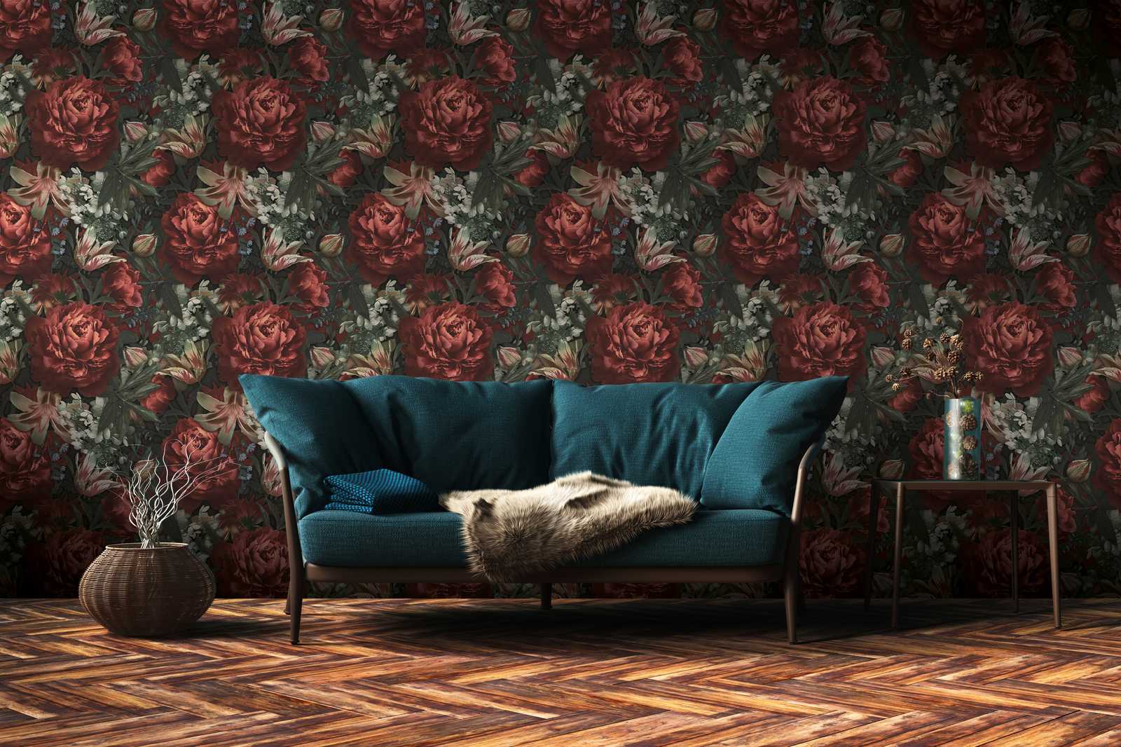             Blumentapete Rosen & Tulpen vintage Stil – Grün, Rot, Creme
        