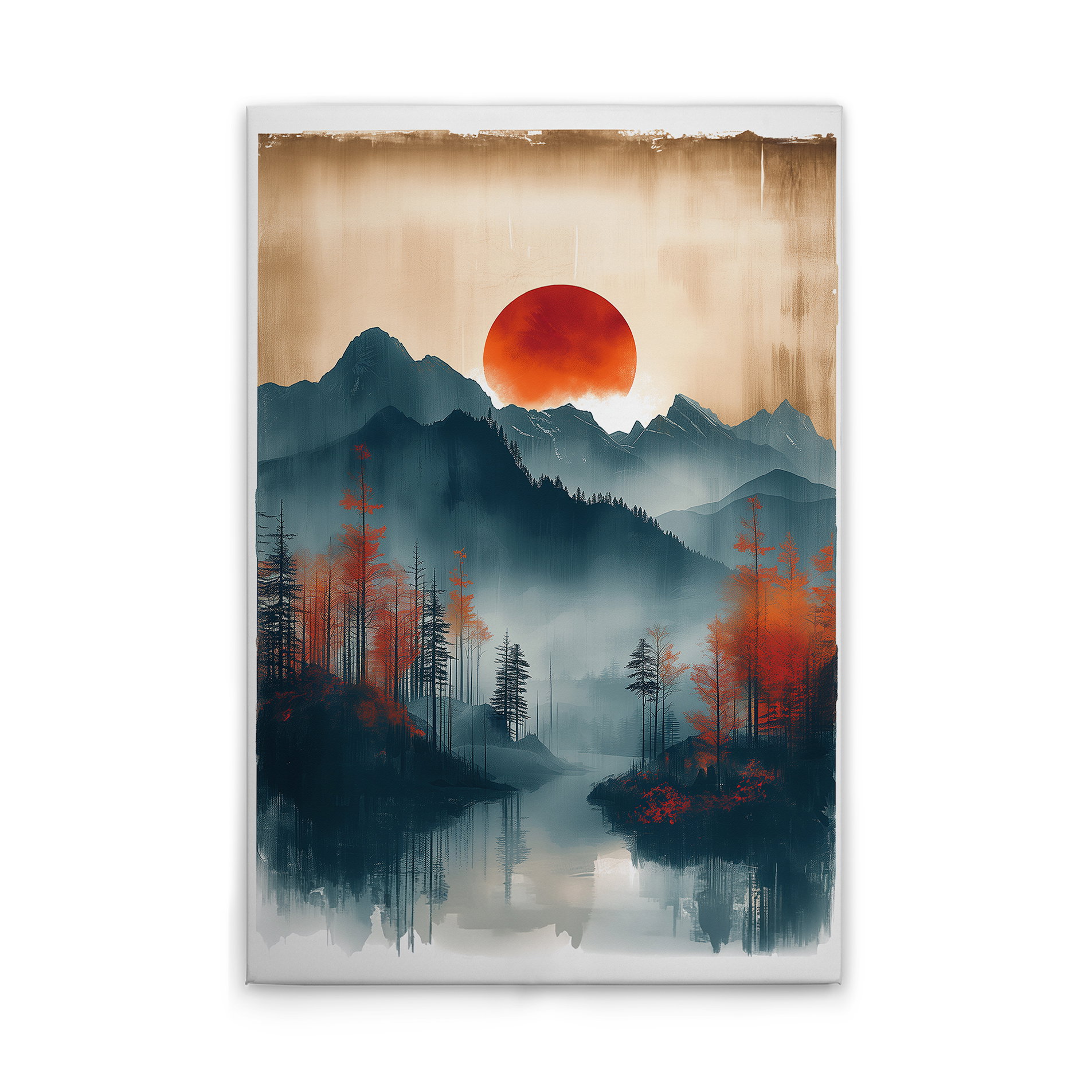 Roter Sonnenuntergang in den Bergen - Leinwandbild mit malerischem Landschaftsdesign. – 30 x 45 cm - Orange, Blau
