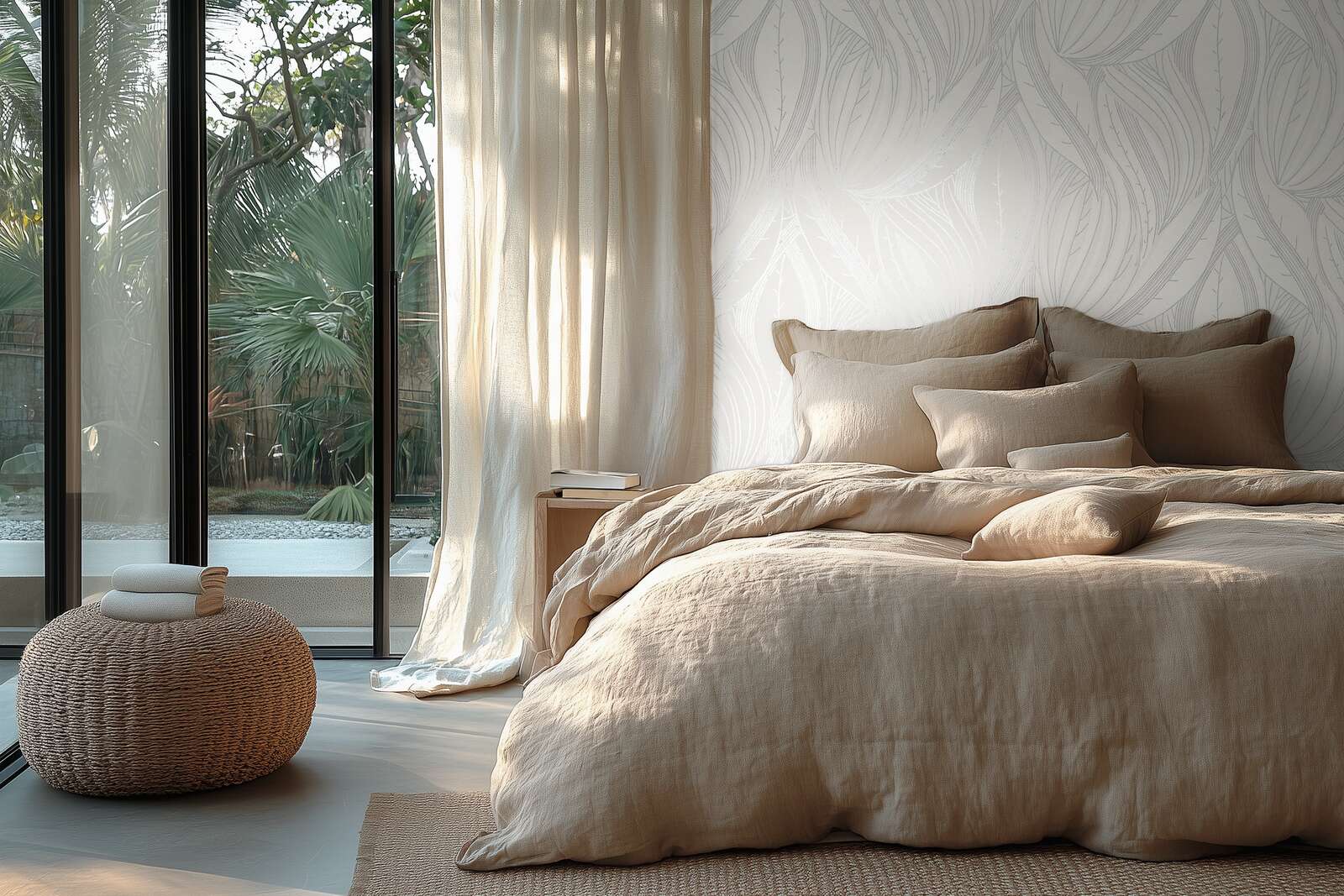 Bett, Bettdecke, Kissen, Beige, Naturfarben