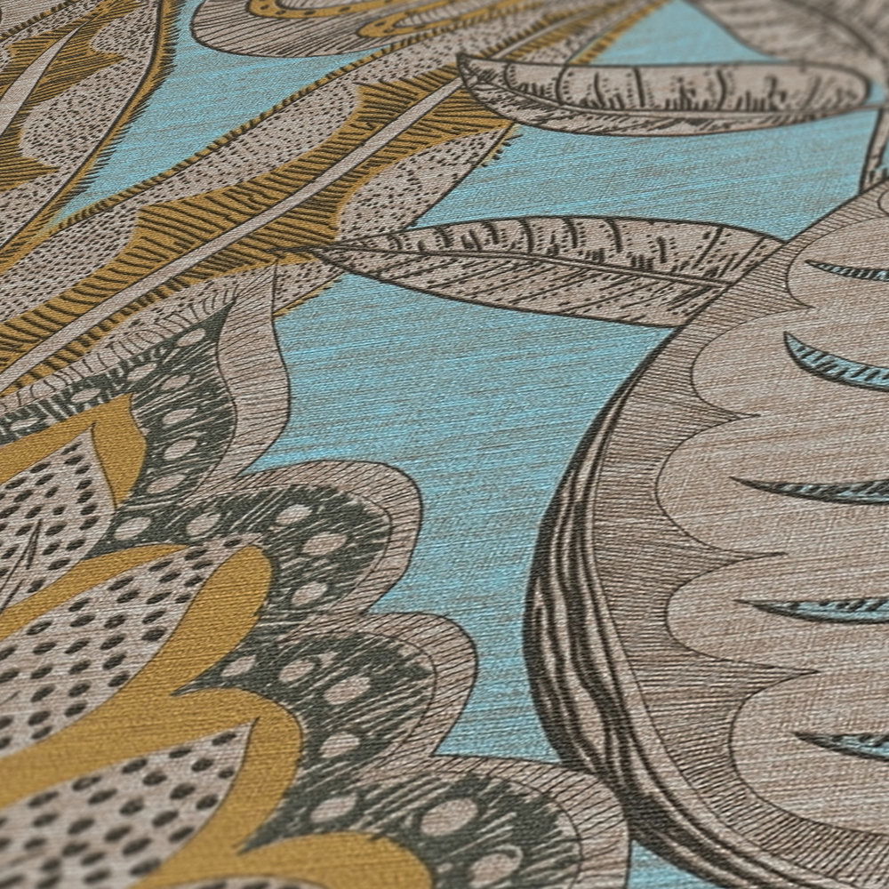             Florale Vliestapete im Grafik-Stil mit leichter Struktur, matt – Hellblau, Gelb, Braun
        