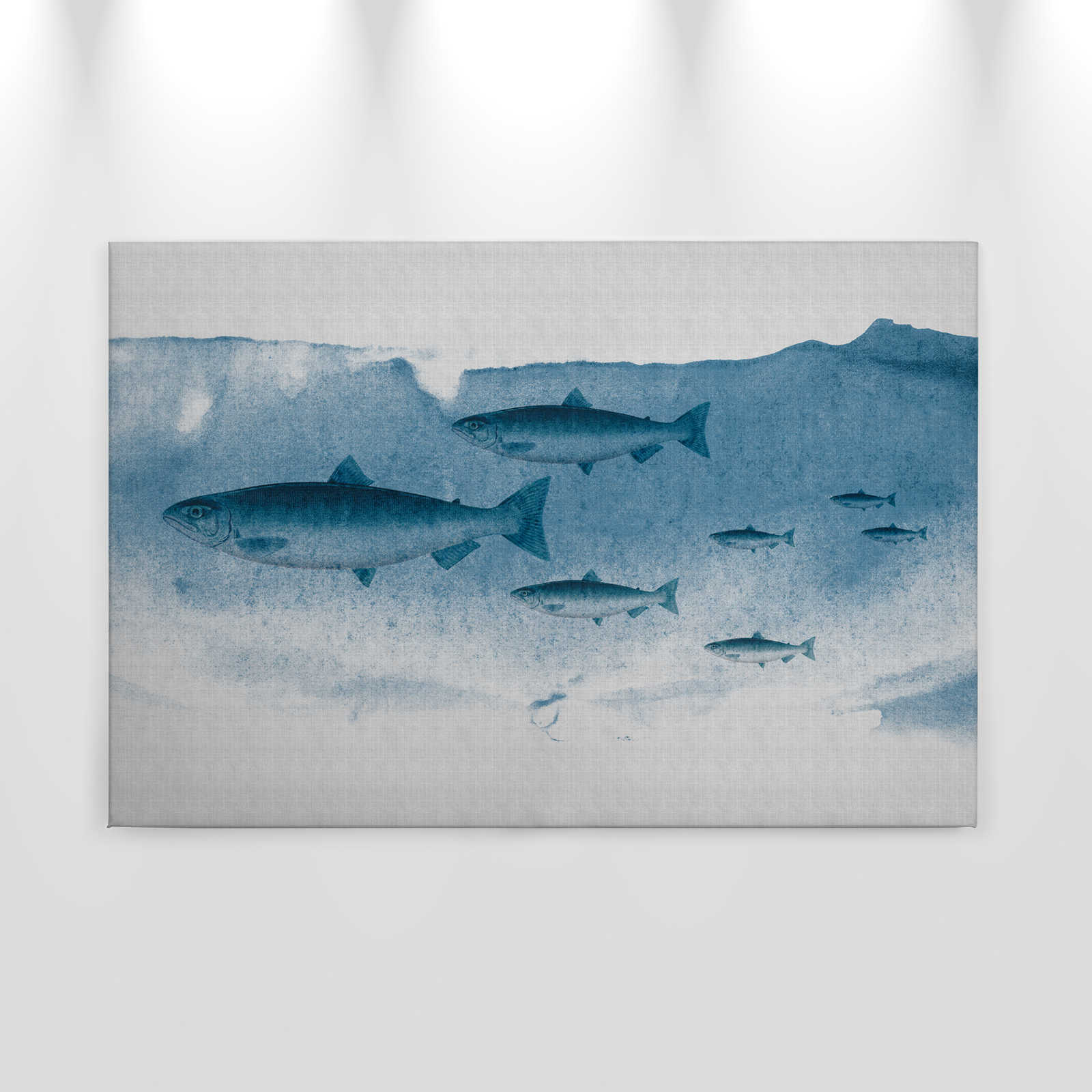 Into the blue 1 - Fisch Aquarell in Blau als Leinwandbild in naturleinen Struktur – 0,90 m x 0,60 m