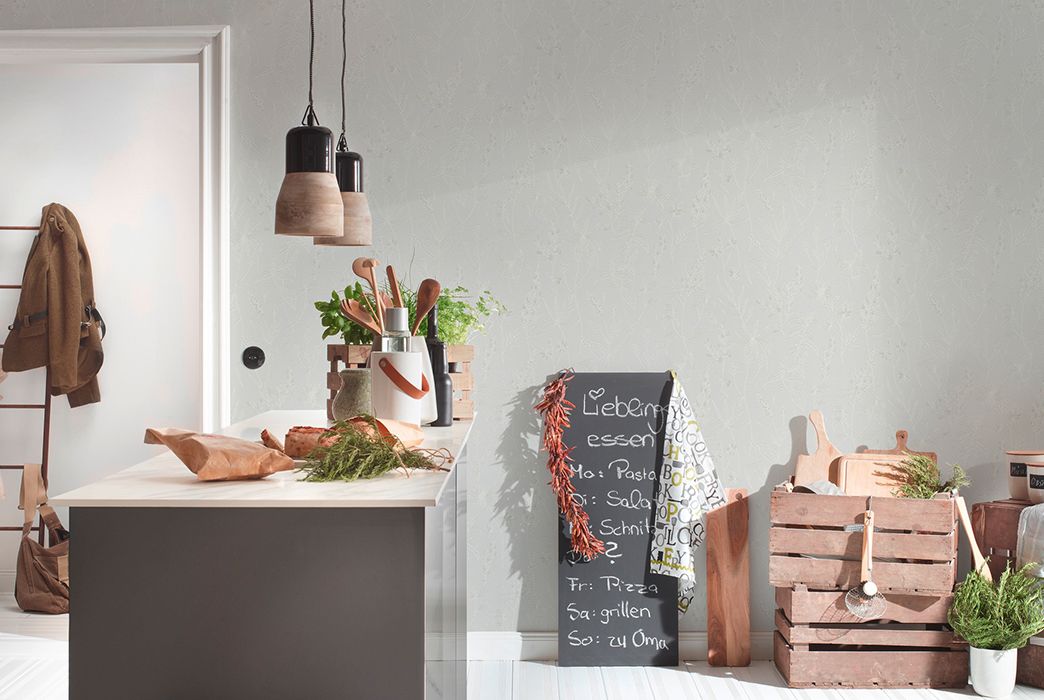 Kitchenette in front of wallpapered wall, plain non-woven wallpaper AS373636