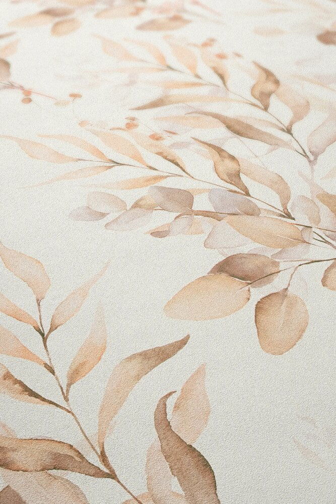             Vliestapete mit Aquarell Blatt-Motiv in warmen Farbtönen – Creme, Beige
        