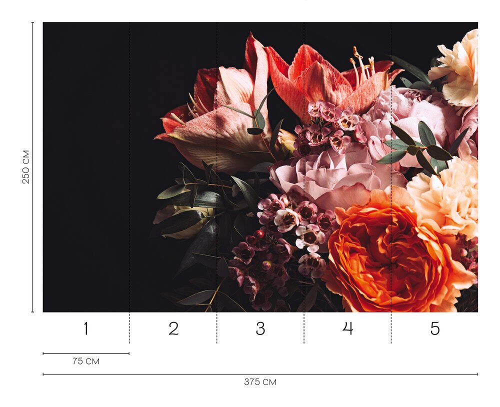             3D Blumenbouquet Fototapete mit dunklem und elegantem Hintergrund als Vliestapete – Bunt
        
