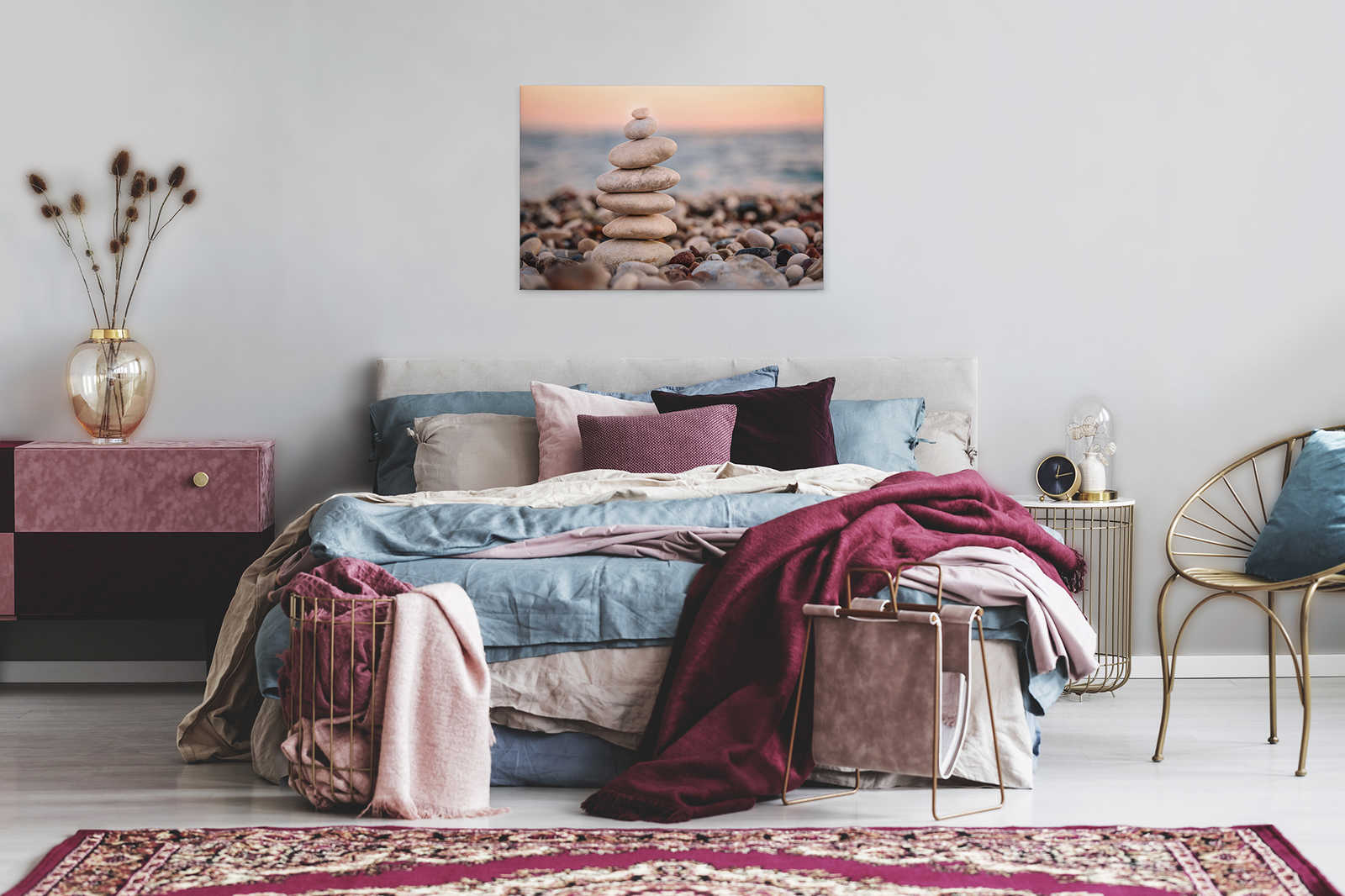             Leinwand mit Steinturm am Meer | grau, blau, orange – 0,90 m x 0,60 m
        