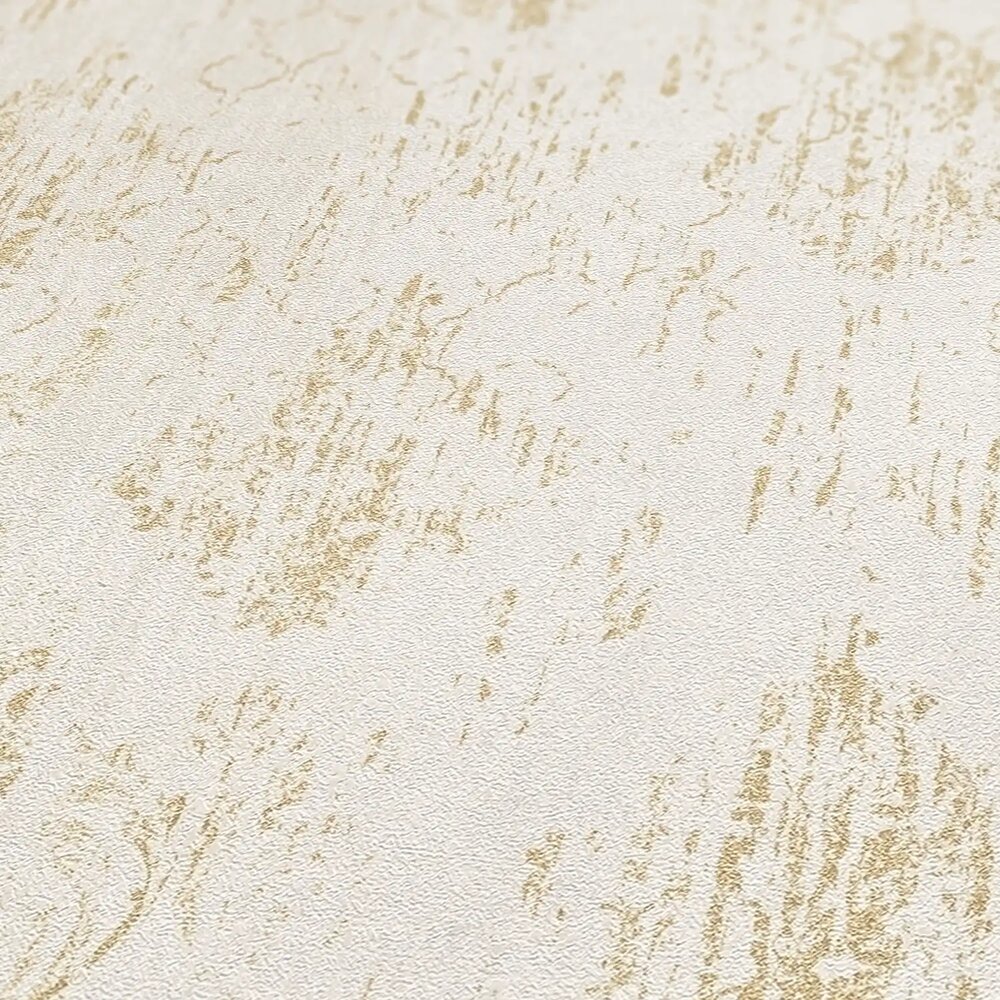 Dezente Vliestapete mit klassischem Ornamentmuster und schimmernden Akzenten, fein strukturiert – Creme, Gold, Metallic
