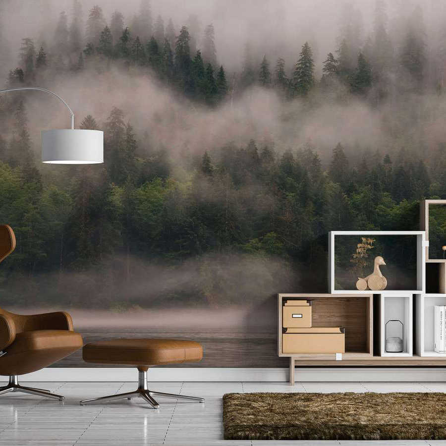 Forest mural, Wohnzimmer, Lederstuhl, Konsole Regal, Teppich