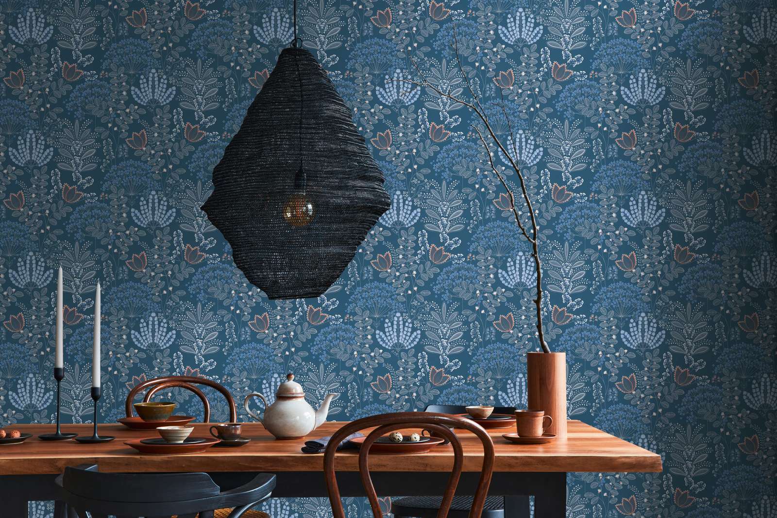 Vliestapete floral mit Blättern im Retro-Look leicht strukturiert, matt – Blau, Weiß, Grau