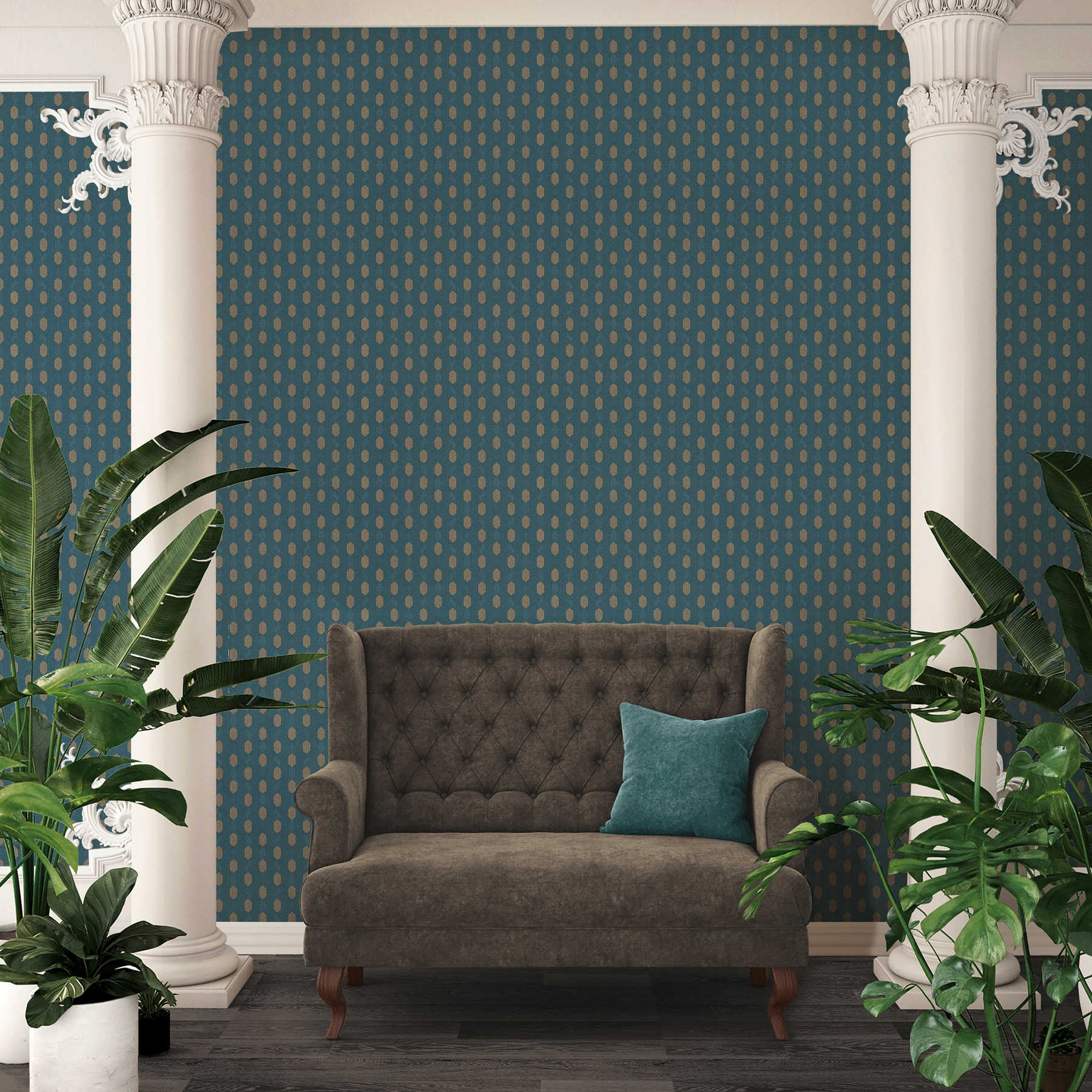 Blaue Tapete mit geometrische Muster &amp; Gold Details – Blau, Braun, Beige