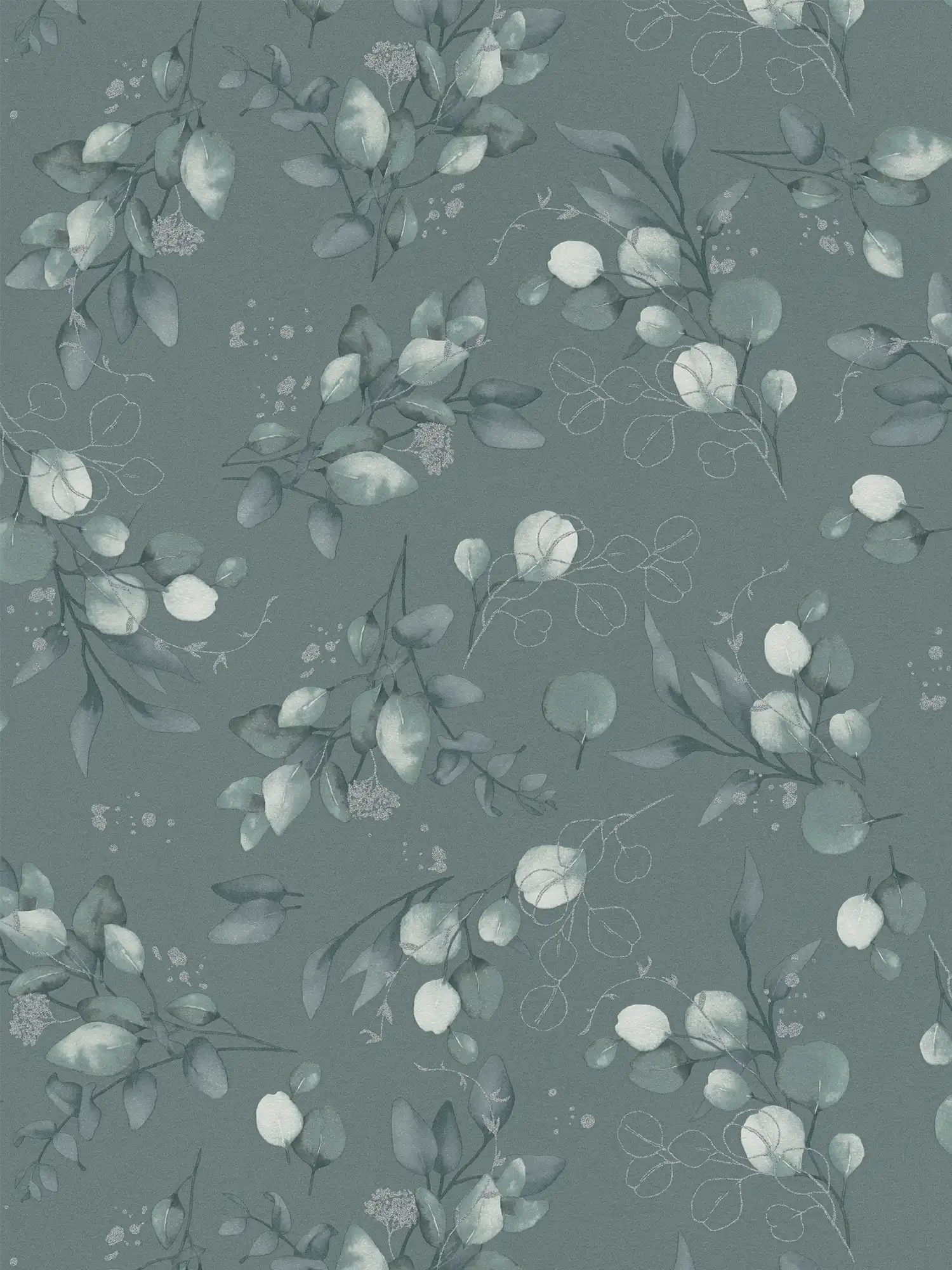 Non-woven wallpaper with floral design and glitter accents - green, silver