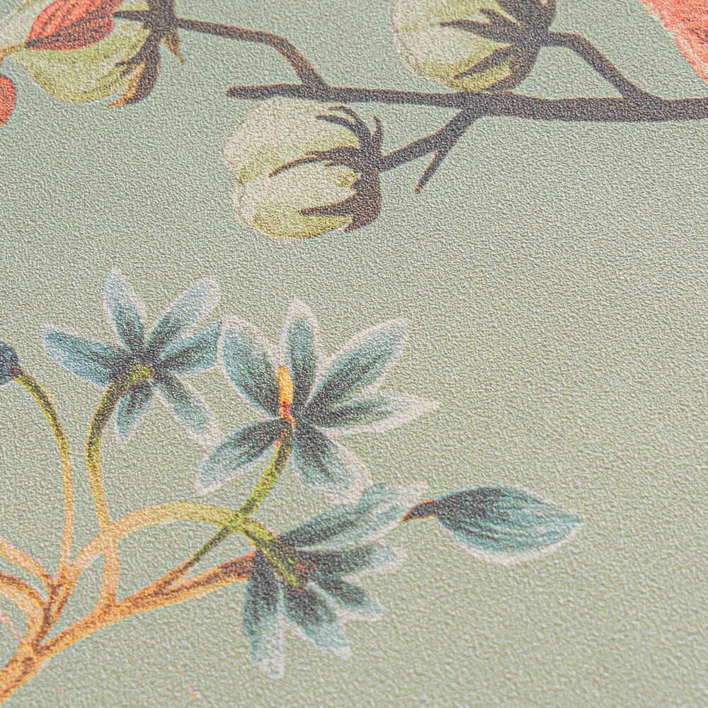             Romantic floral non-woven wallpaper with filigree leaf design, fine surface texture - grey, orange
        