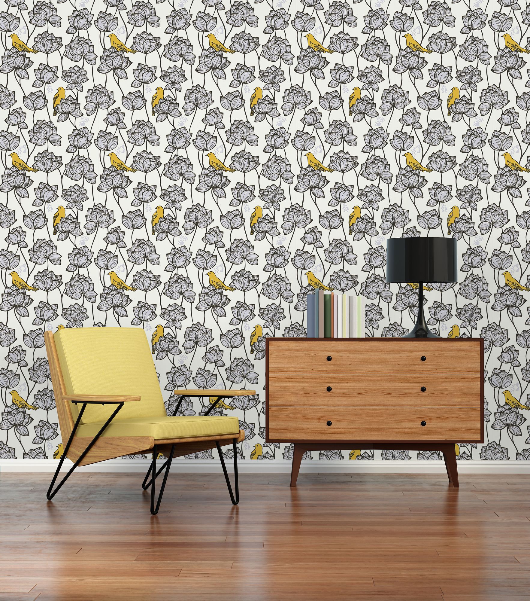 Wallpaper Grey Yellow Pattern Floral