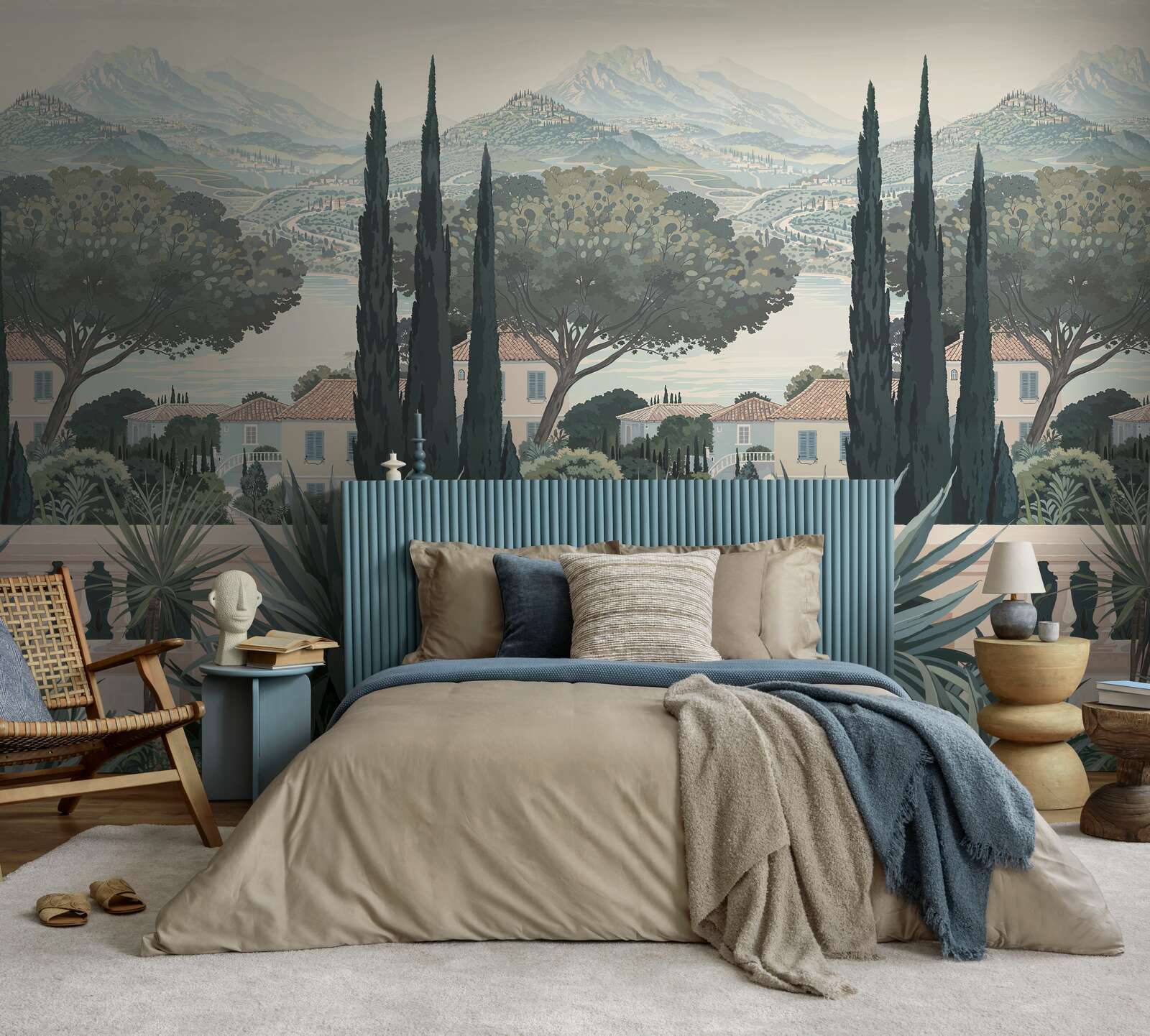 Bett, Bettwäsche, Kopfteil, Wandtapete, Wohnzimmer