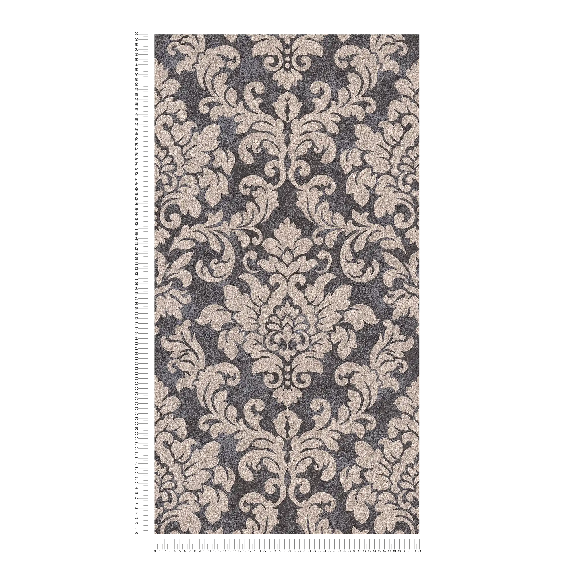             Florale Ornamenttapete mit Metallic-Effekt – Schwarz, Silber, Beige
        