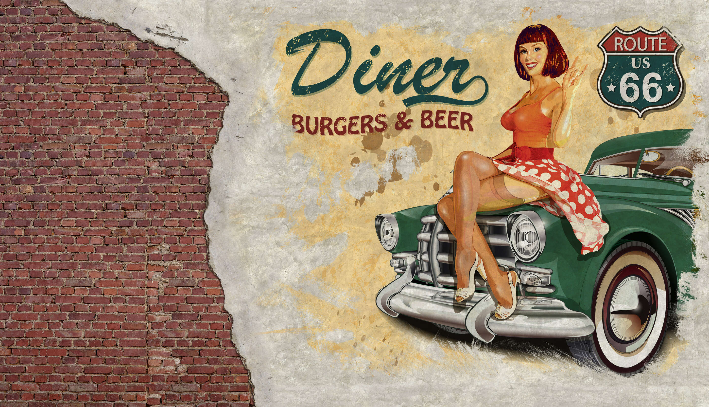 pinup, auto, vintage, wandbild, backstein