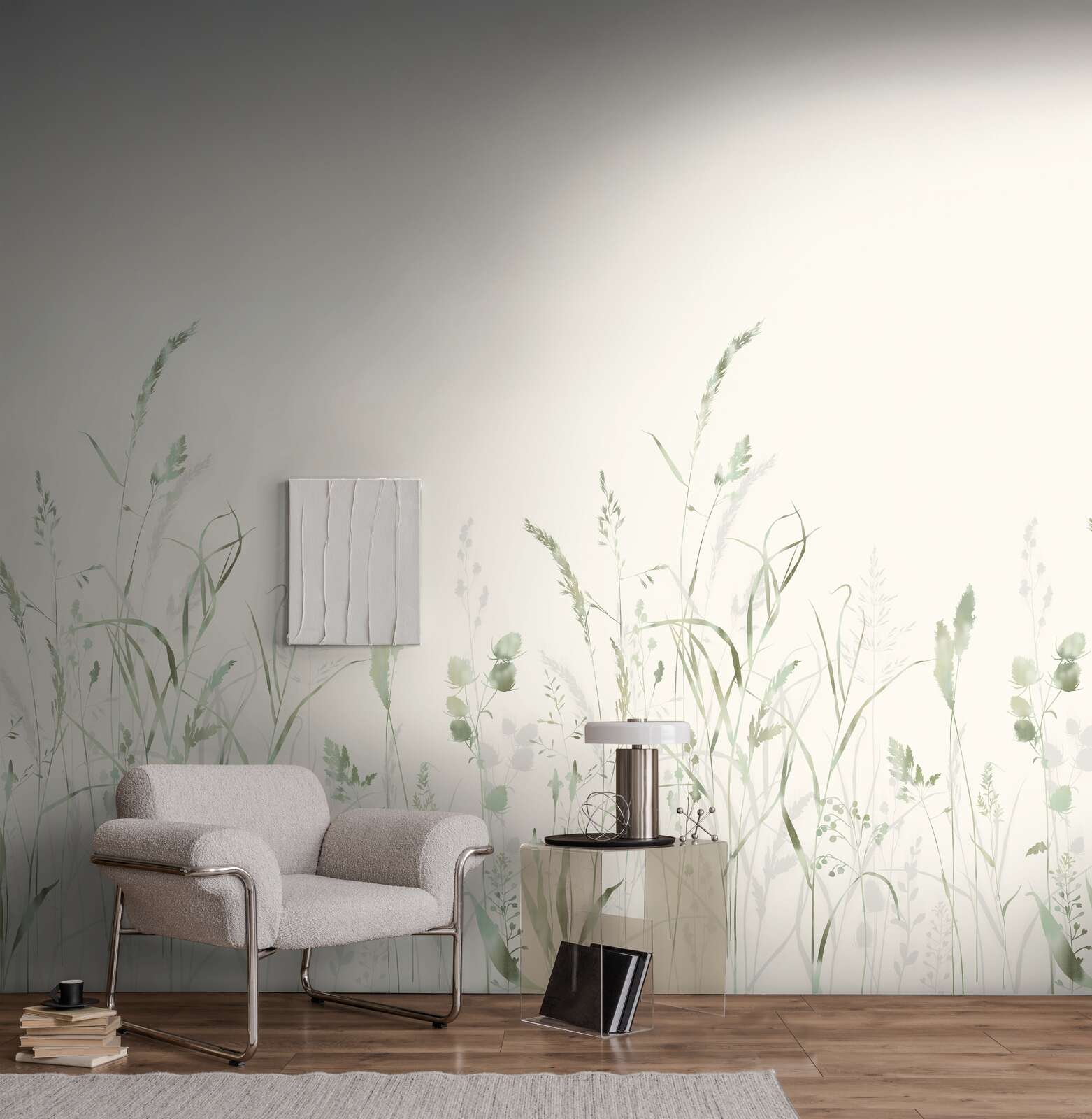wohnzimmer, wanddeko, pflanzenmuster, wassergräser, stuhl