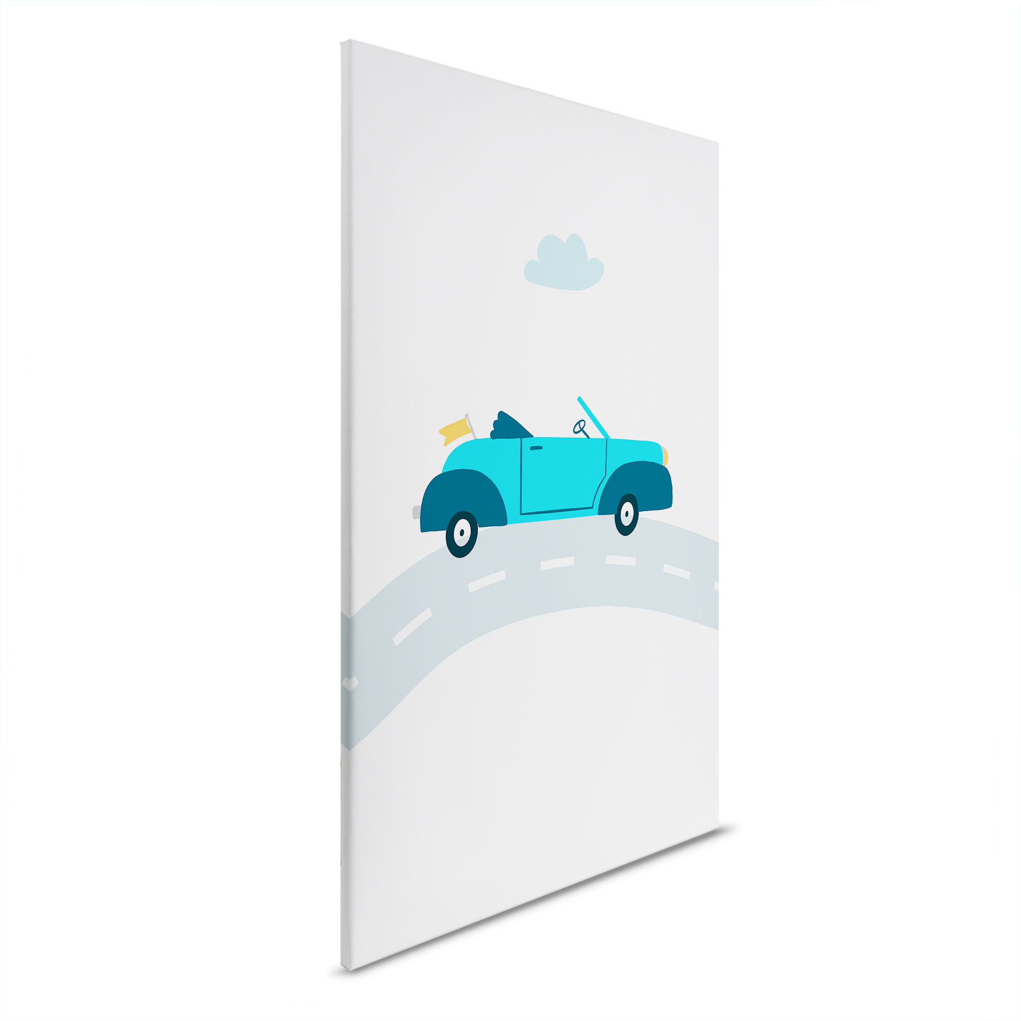         Blaues Cabrio auf Reise - Kinderzimmer Leinwandbild für Abenteuerlustige – 30 x 45 cm - Weiss, Blau
    